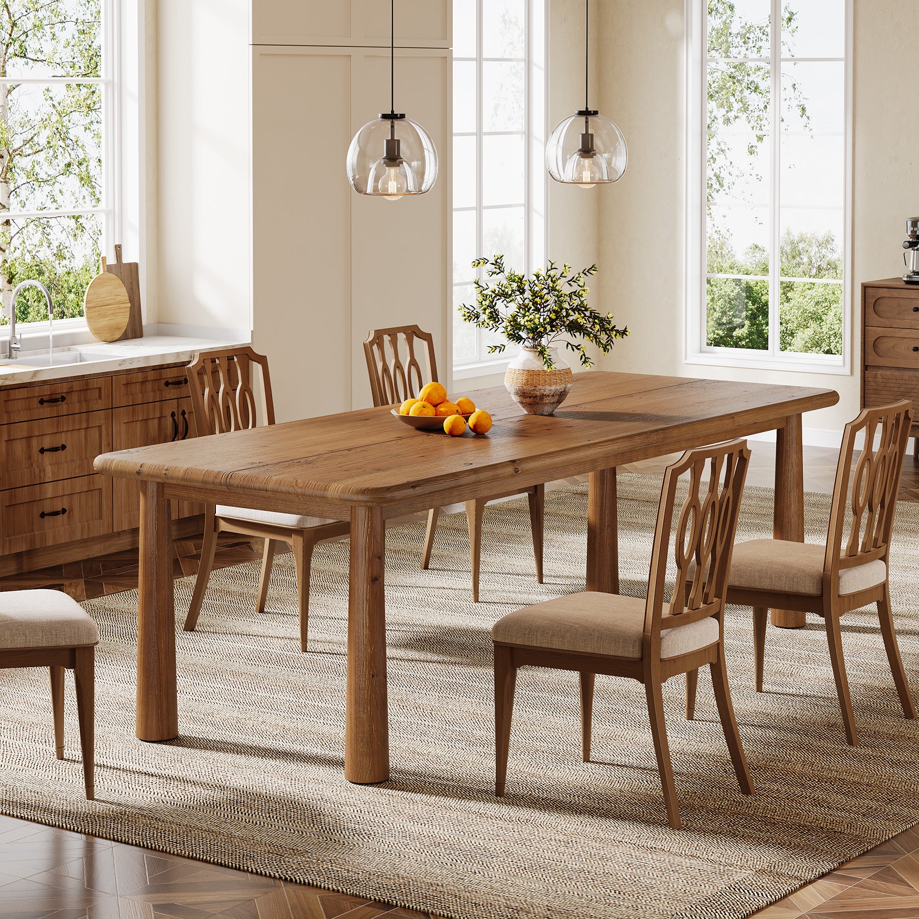 63-Inch Solid Wood Dining Table for 4 to 6 People, Farmhouse Rectangular Kitchen Table with 400 lb Capacity for Dining Room and Kitchen