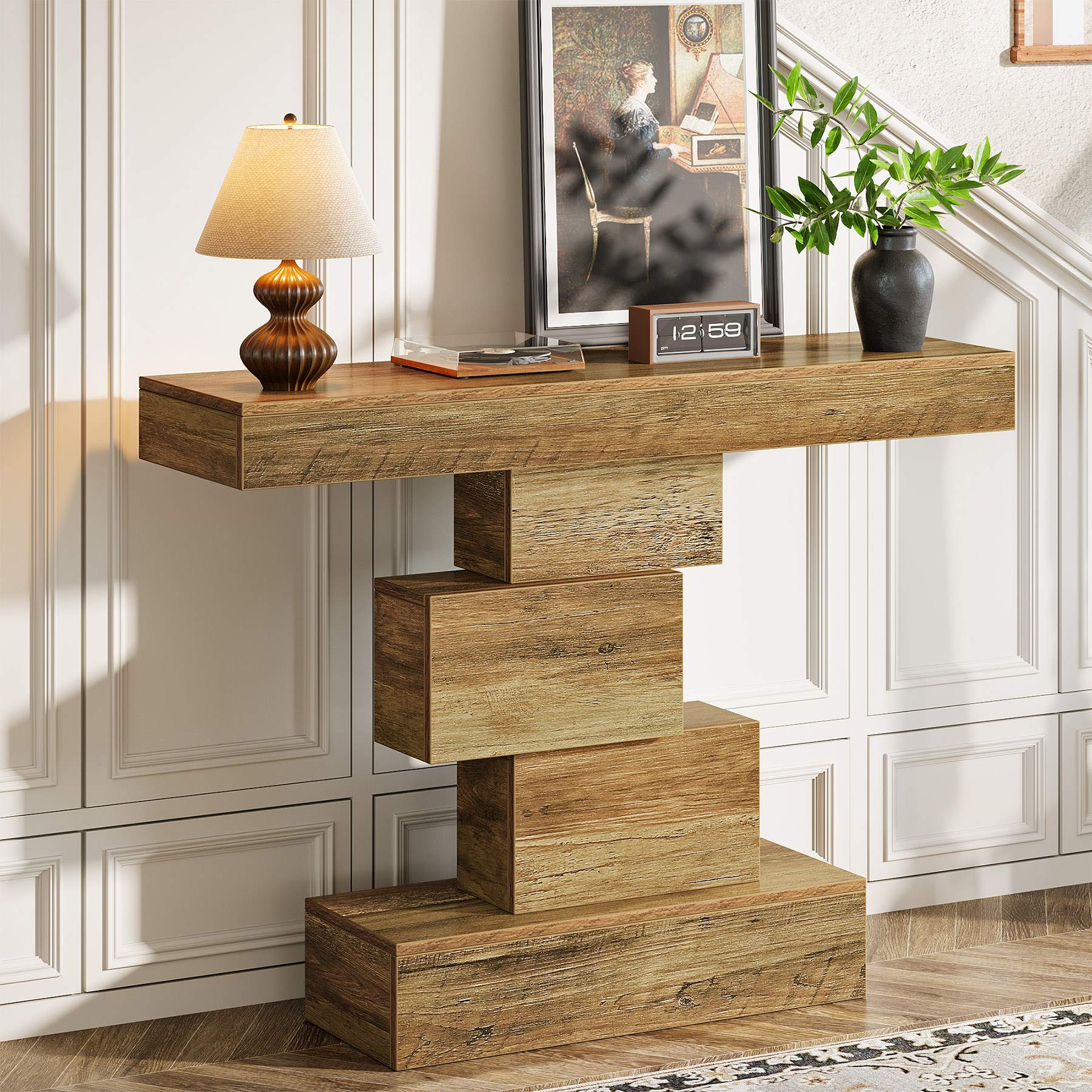 42" Console Table, Wood Sofa Table Accent Table with Geometric Base