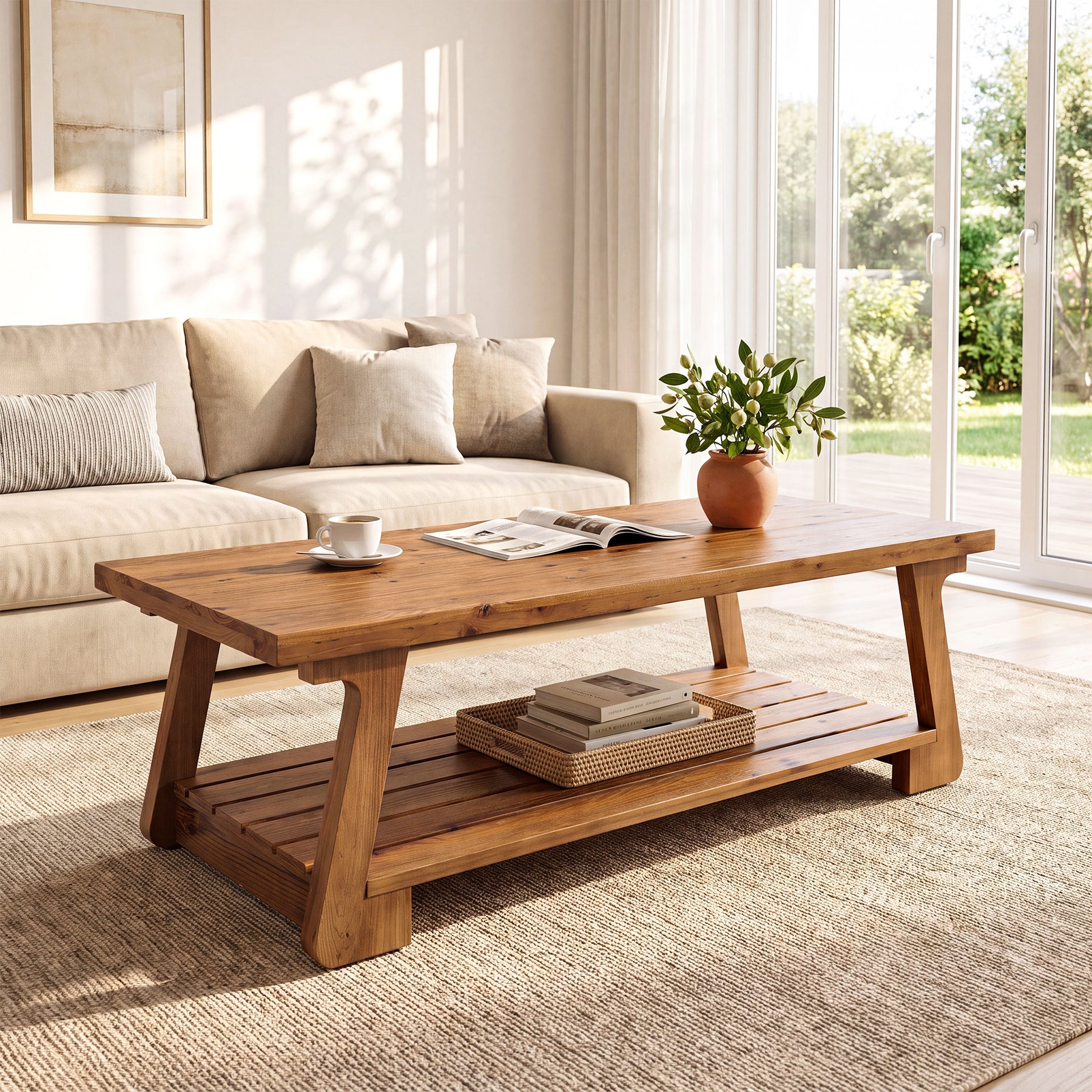 Tribesigns 55-Inch Solid Wood Coffee Table, 2-Tier Storage Shelf Farmhouse Table for Living Room