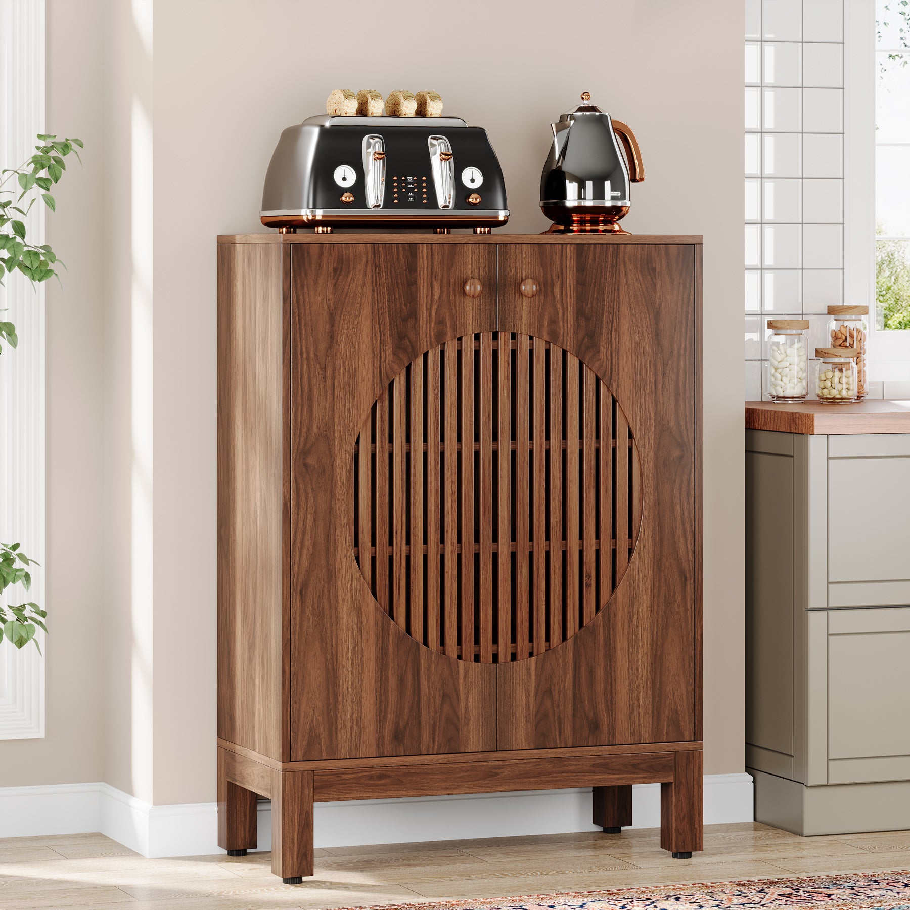 Tribesigns 28.74-Inch Farmhouse Sideboard Cabinet, Wooden Buffet Cabinet with Round Louvered Doors for Kitchen