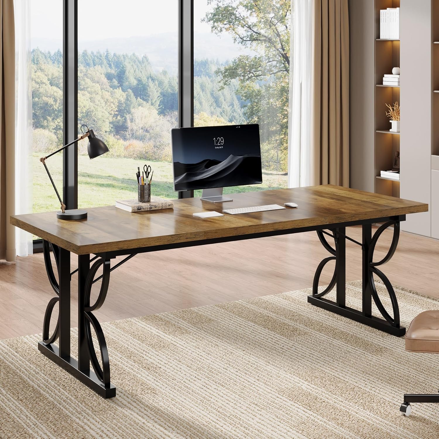 70.8" Industrial Computer Desk - Rustic Brown & Black Metal Frame Workstation