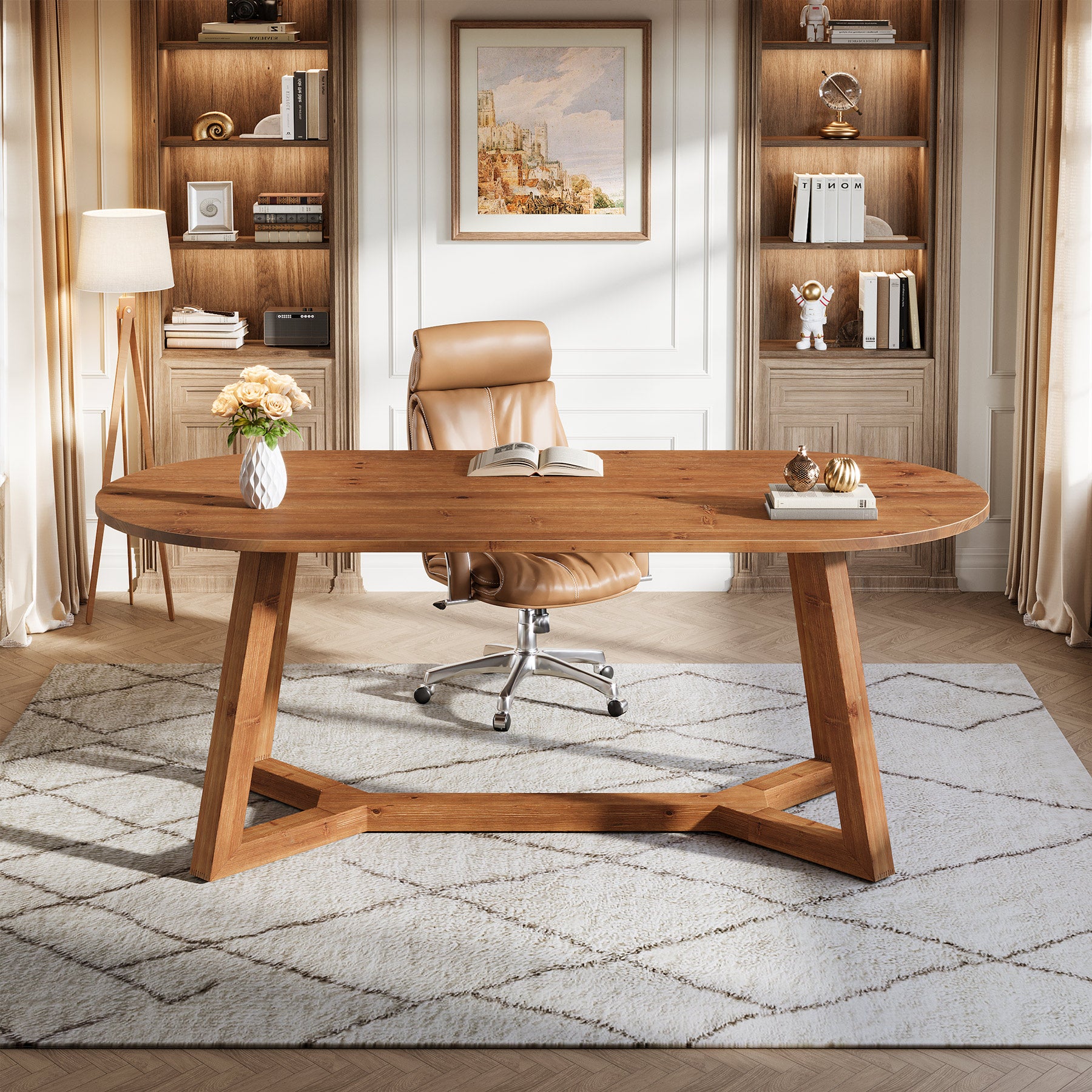 63" Solid Wood Office Desk, Oval Executive Desk with Tapered Legs
