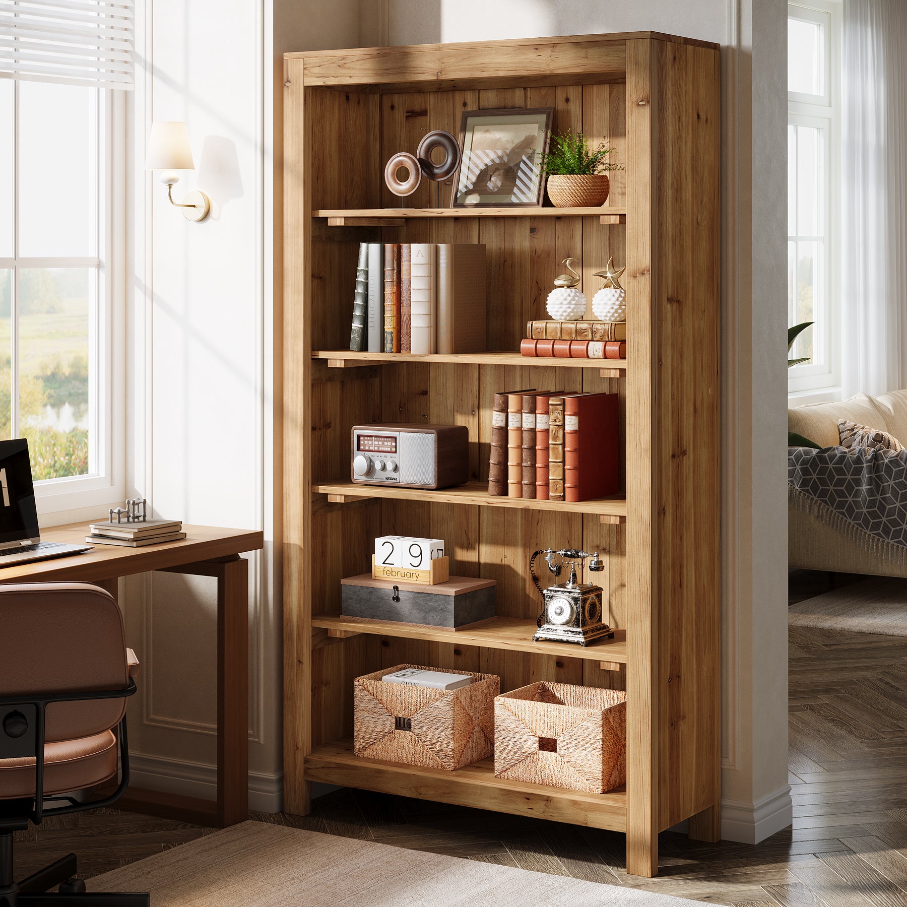 Tribesigns 5-Tier Farmhouse Bookcase with Slatted Back Panel, Solid Wood Bookshelf for Home Office and Library