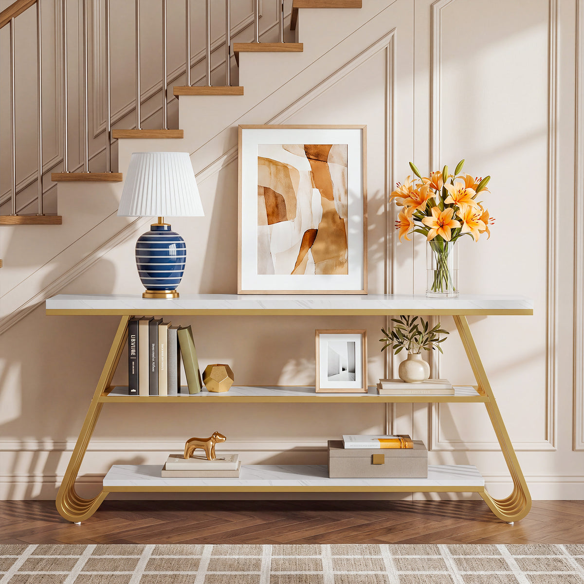 Tribesigns 70.9-Inch Faux Marble Console Table with Storage, Gold Sofa Table for Living Room