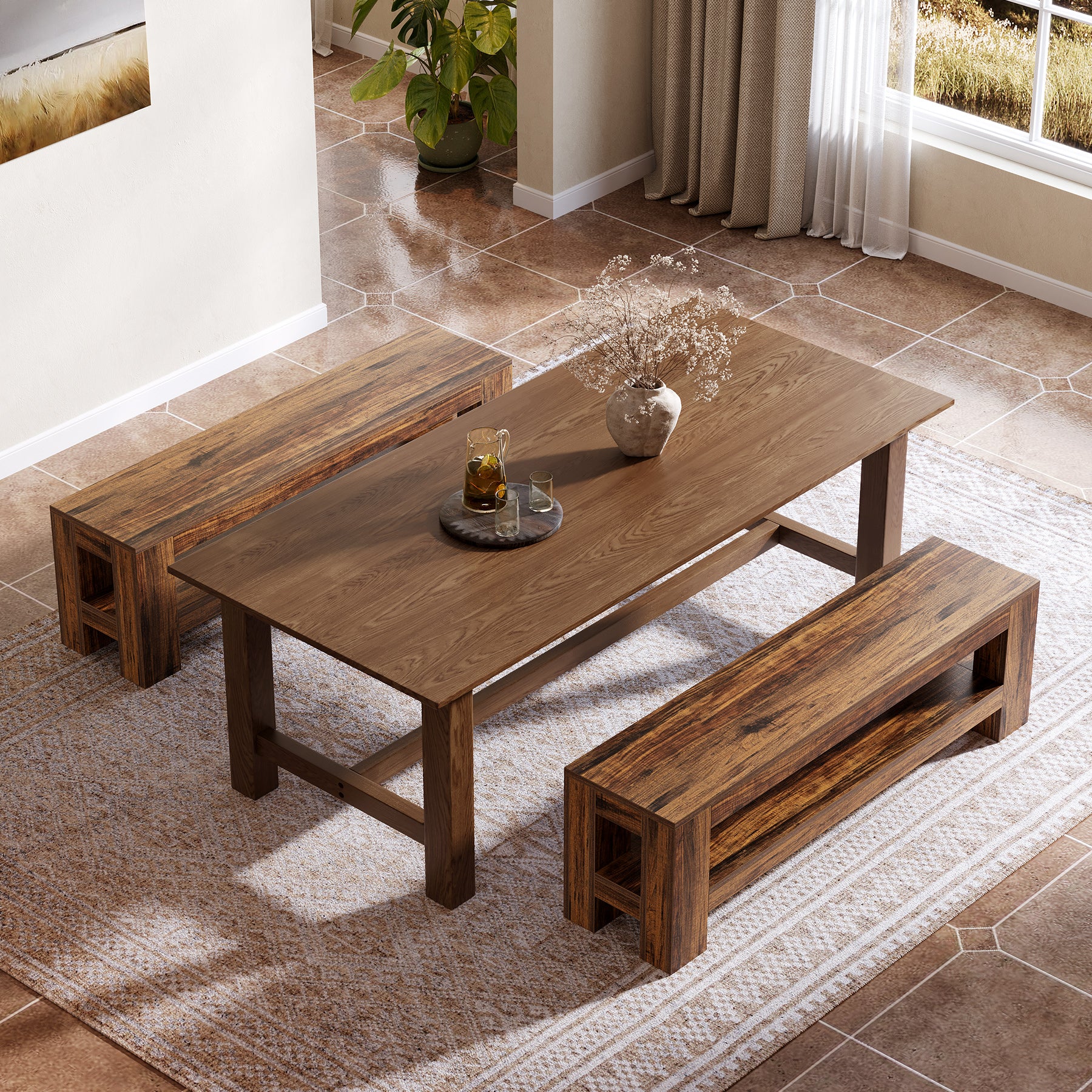 Tribesigns 59" Wooden Dining Bench, Farmhouse Storage Bench for Dining Room