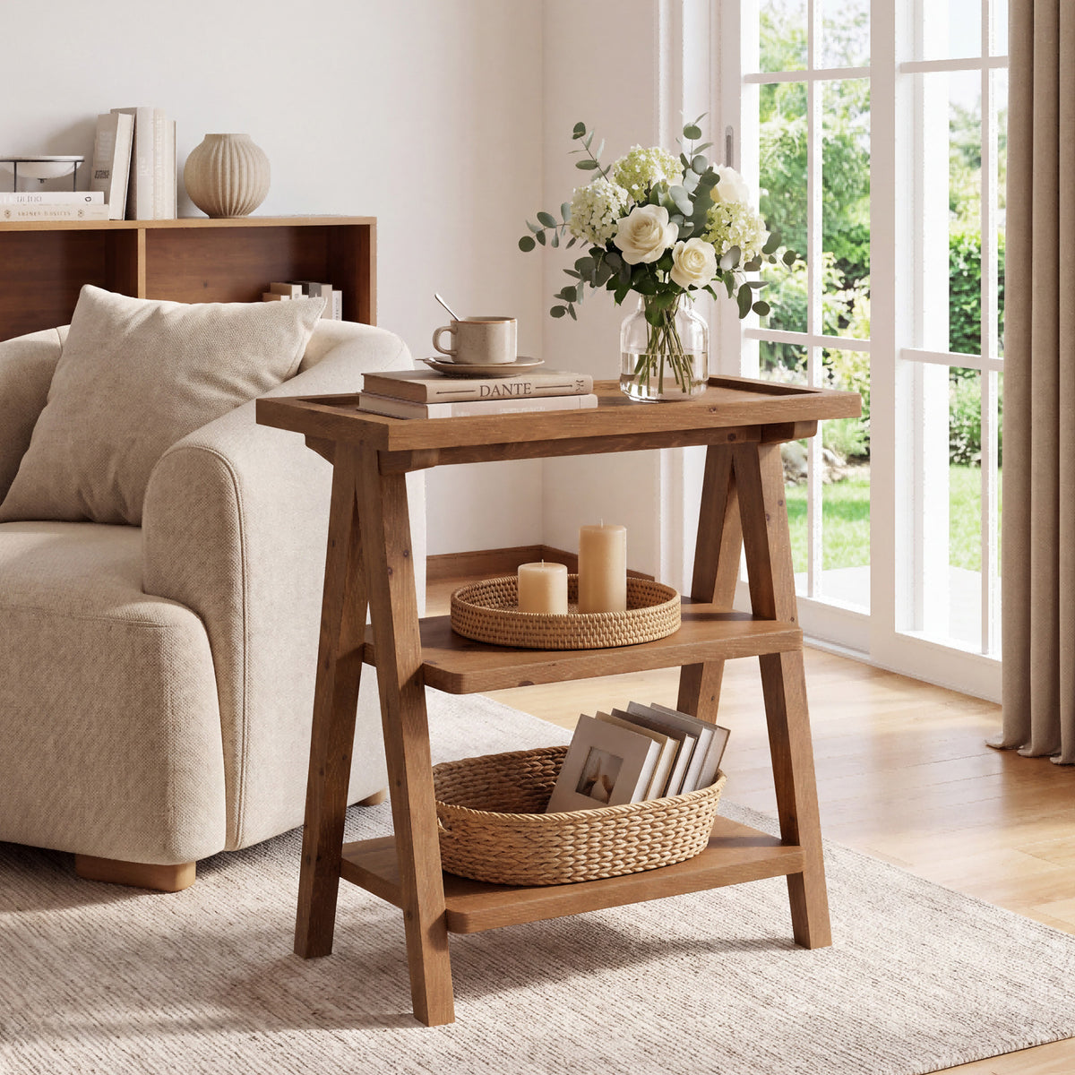 Tribesigns 25.59 Inch Solid Wood Side Table with 3-Tier Storage, Narrow End Table for Living Room