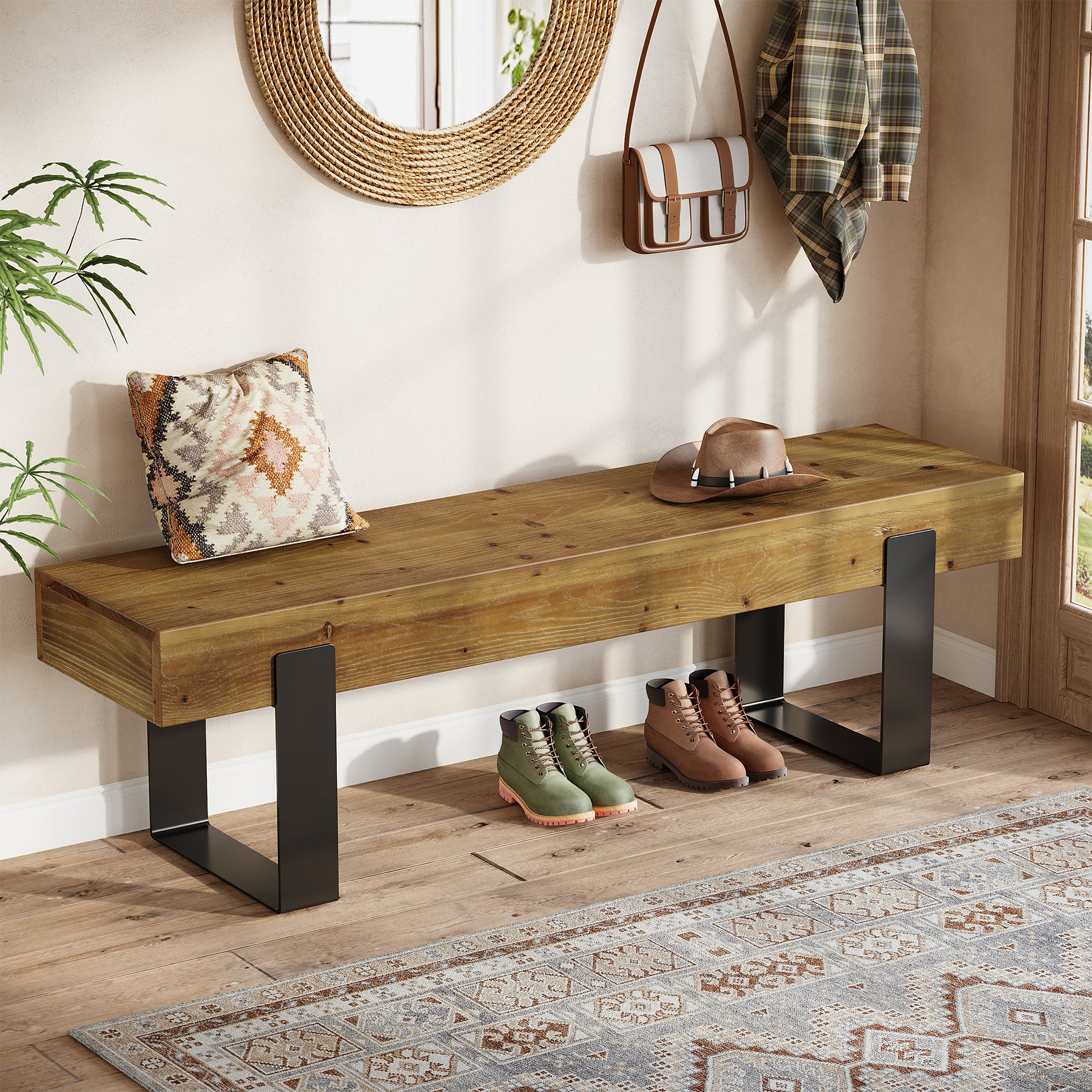 Tribesigns 63-Inch Solid Wood Entryway Bench, Farmhouse Shoe Bench with Metal Legs for Hallway