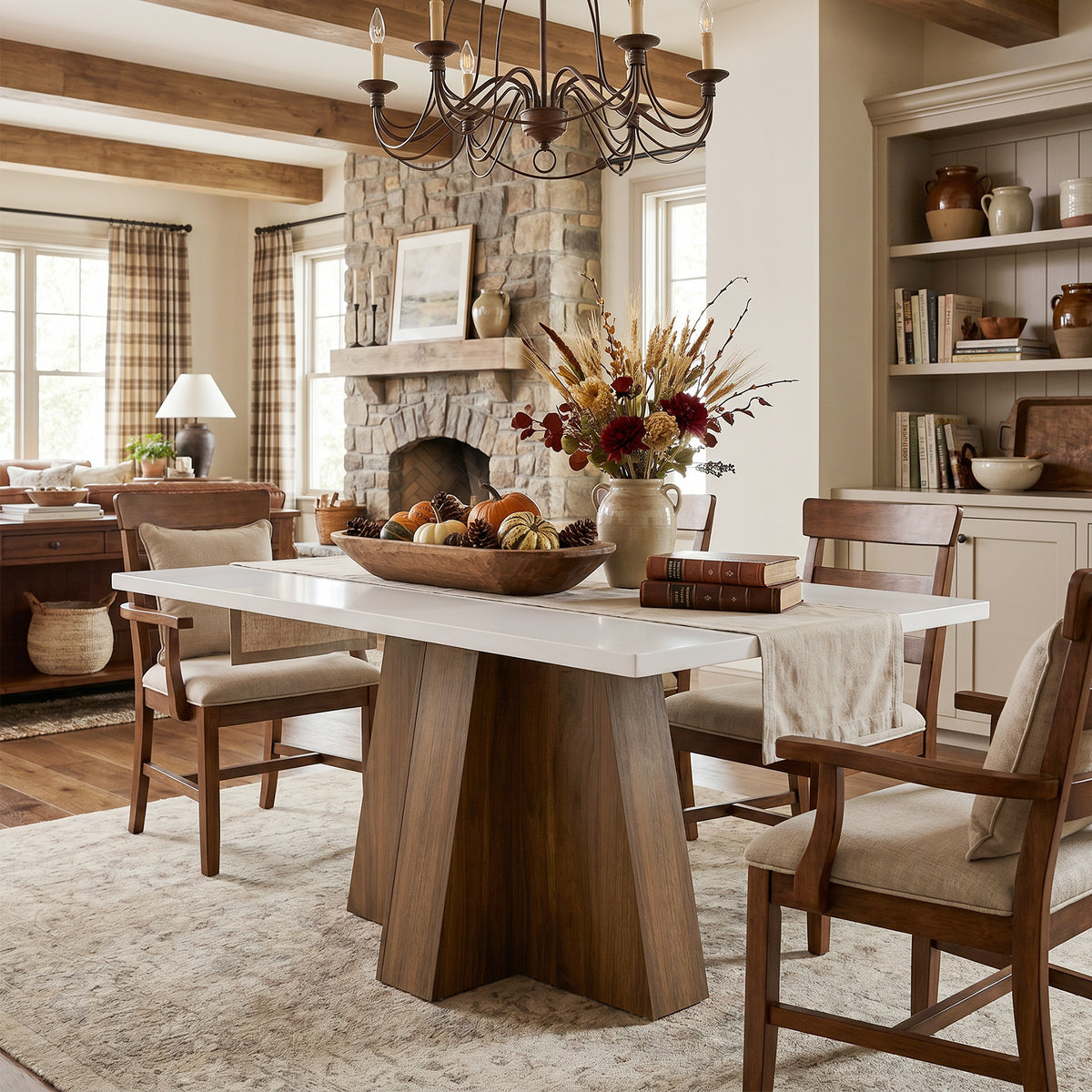 Tribesigns 47 Inch Rectangular Dining Table for 4-6, White Tabletop with Walnut Wood Base for Kitchen and Dining Room