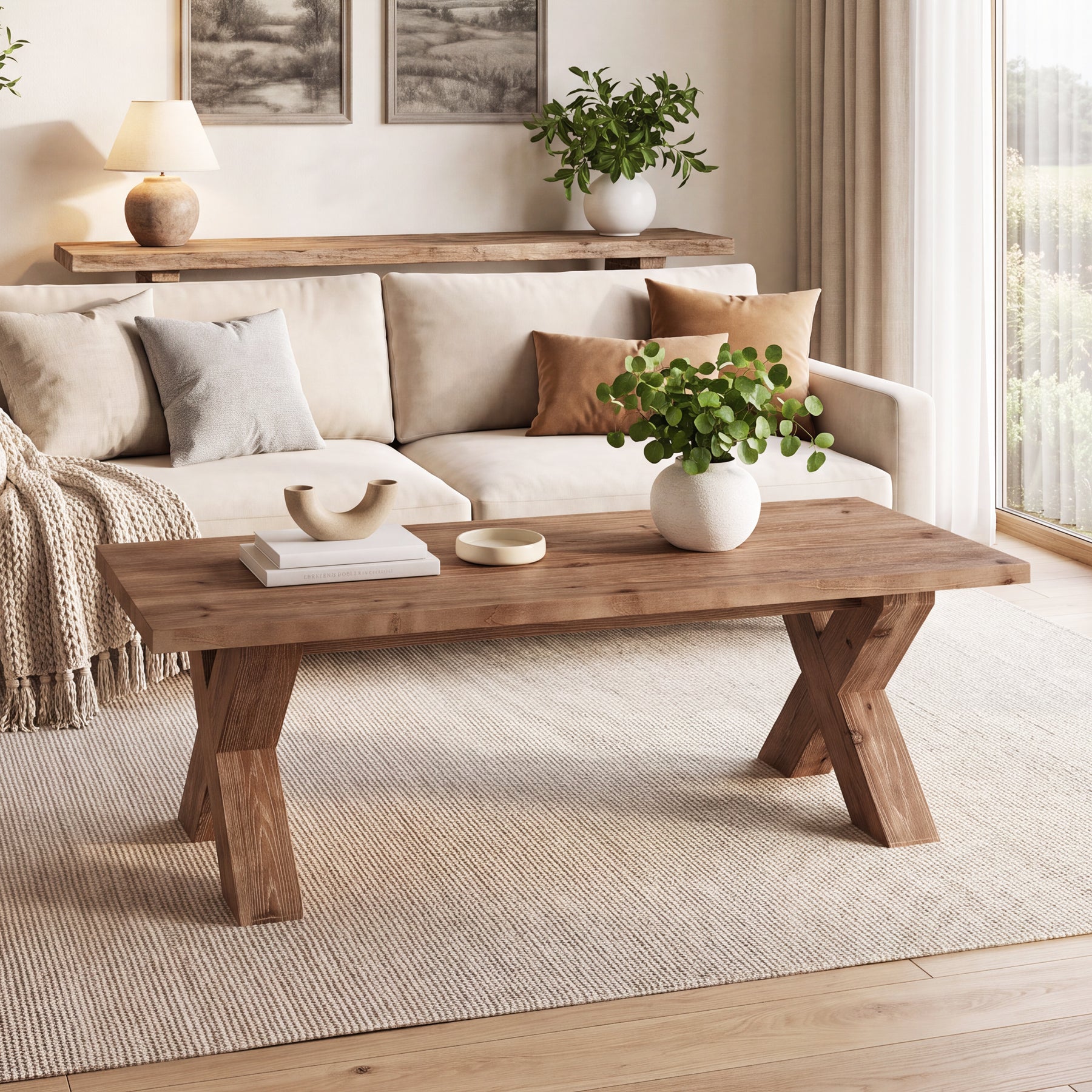 Tribesigns 47-Inch Solid Wood Coffee Table with X-Legs, Farmhouse Centre Table for Living Room