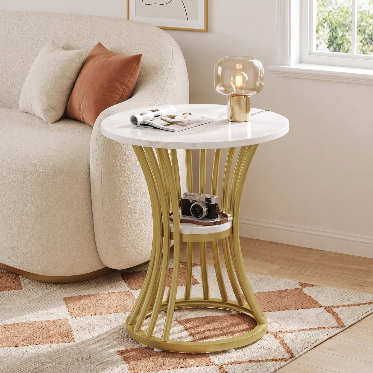 Tribesigns 20" Round End Table with 2-Tier Storage, White Faux Marble Side Table for Living Room