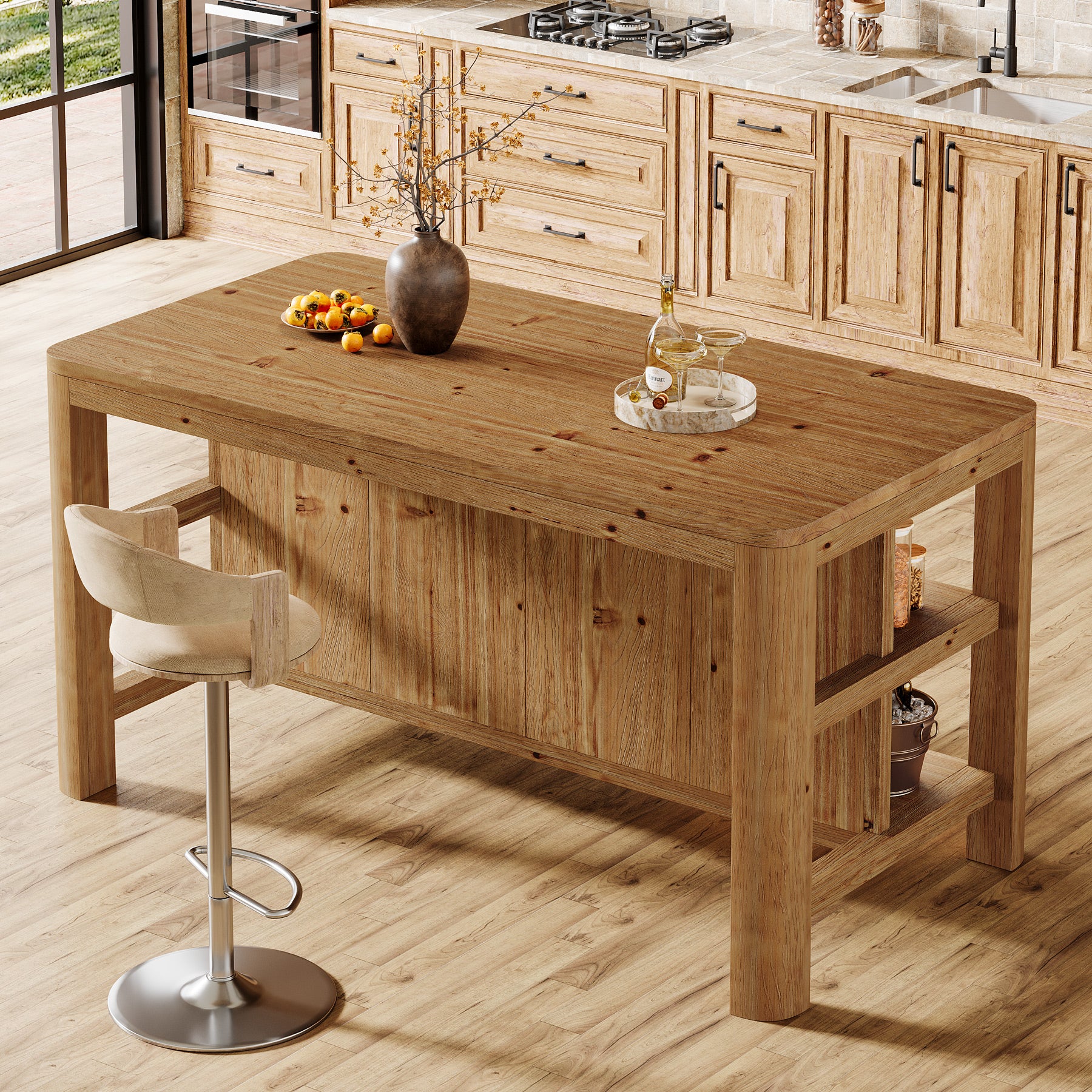 Tribesigns 63-Inch Rectangular Bar Table with Solid Wood Top and Storage Shelves, Counter Height Table for Home Bar
