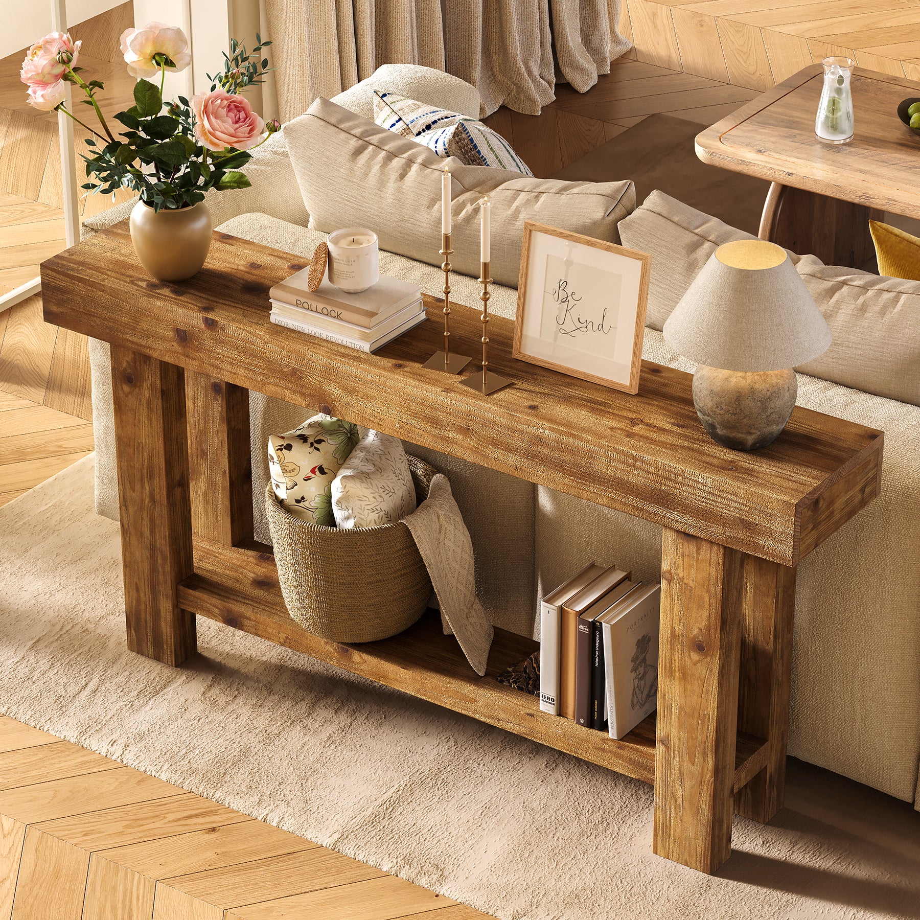 63-Inch Solid Wood Console Table with 2-Tier Storage Shelf, Farmhouse Narrow Sofa Table for Entryway