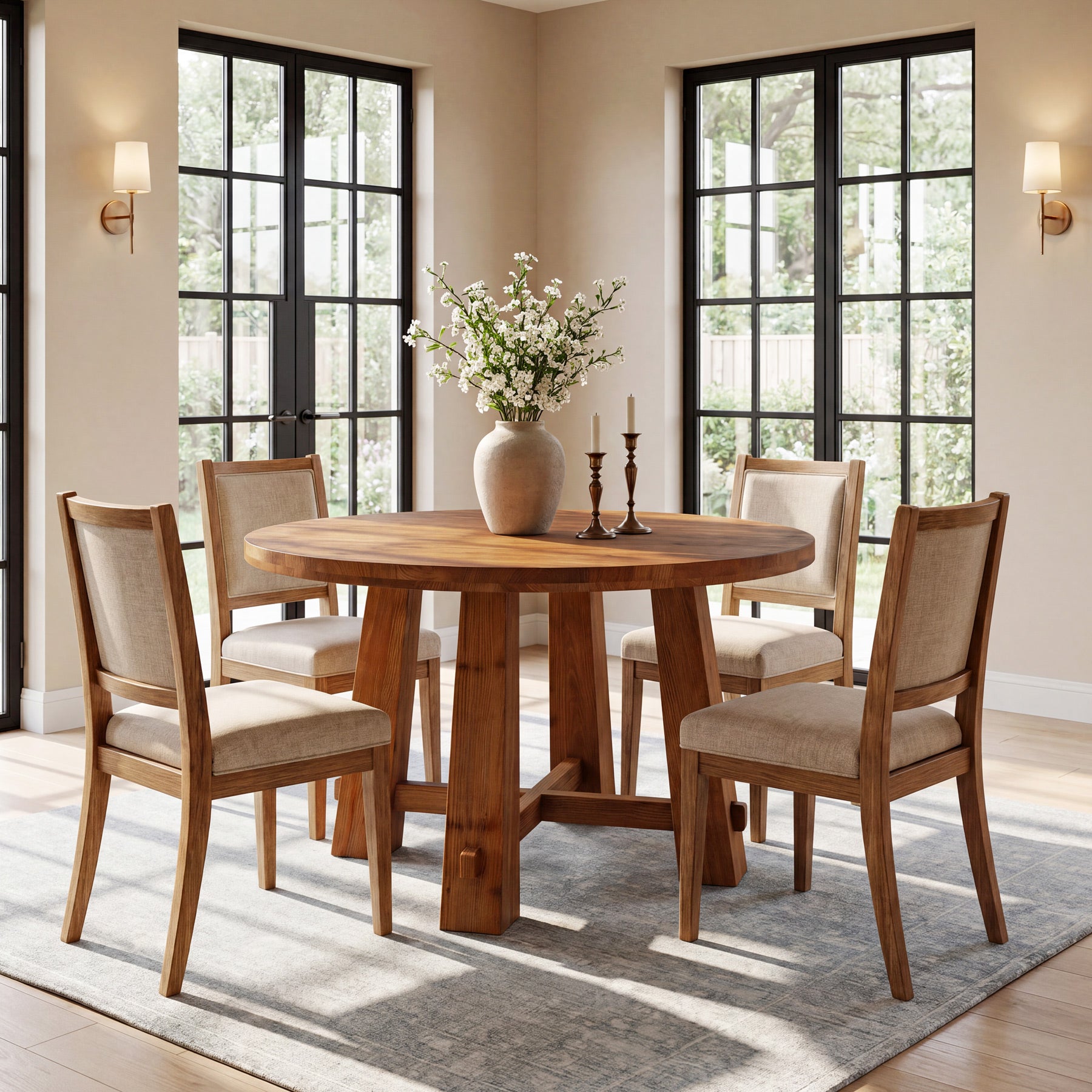 39.4 Inch Solid Wood Round Dining Table with Cross Base, Farmhouse Kitchen Table for 2-4