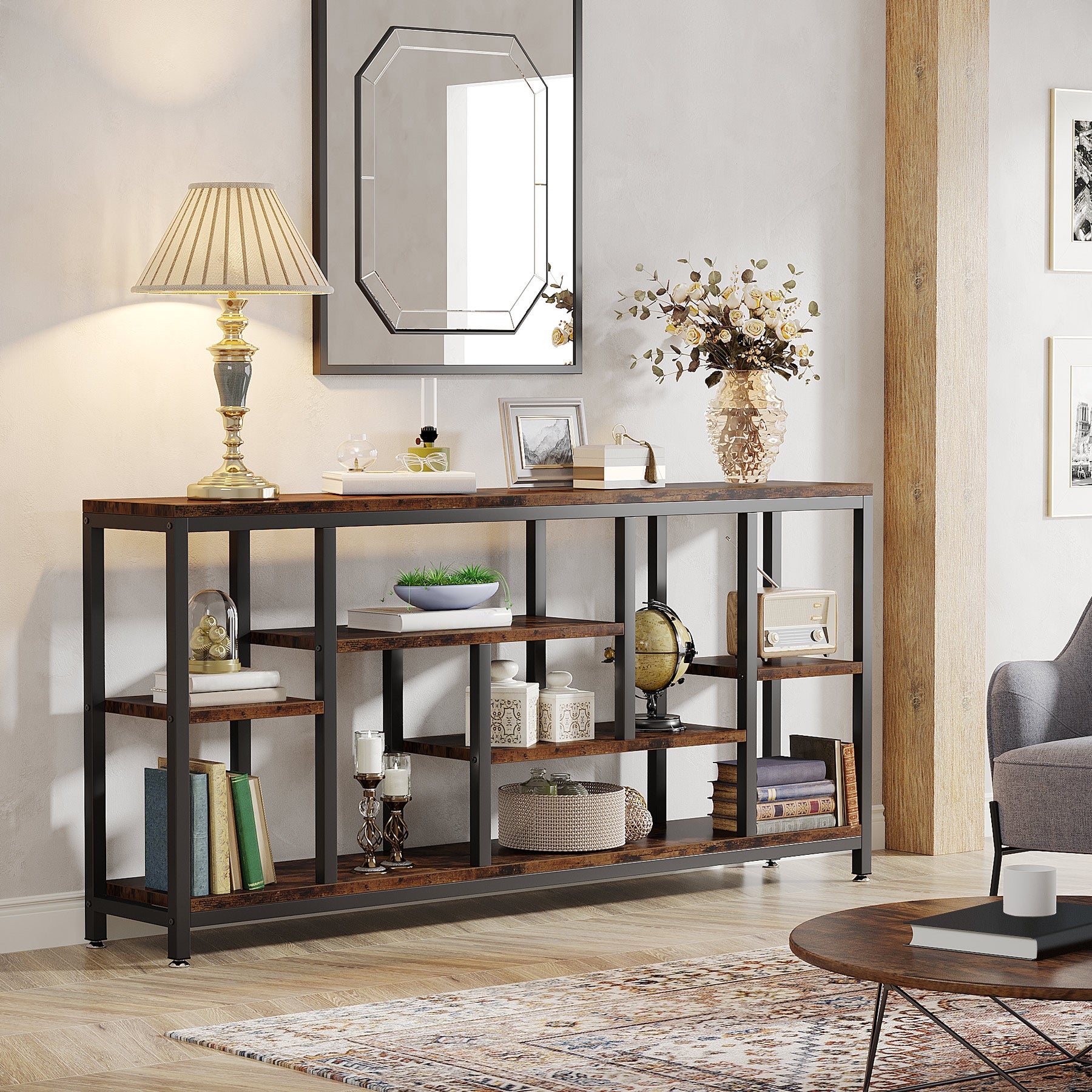 Tribesigns 70.9-Inch Extra Long Console Table with 3-Tier Storage Shelves, Industrial Narrow Sofa Table for Entryway
