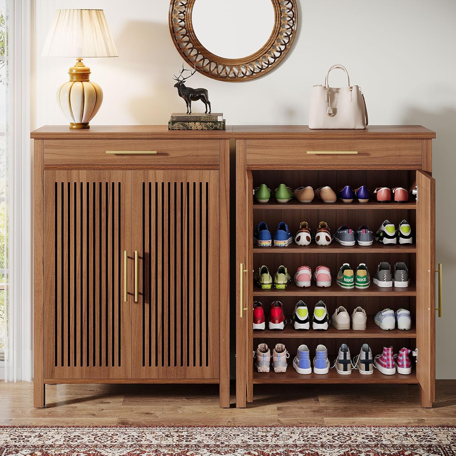 55" 5-Tier Shoe Cabinet - Louvered Door Storage Organizer with Drawer Shelves, Brown