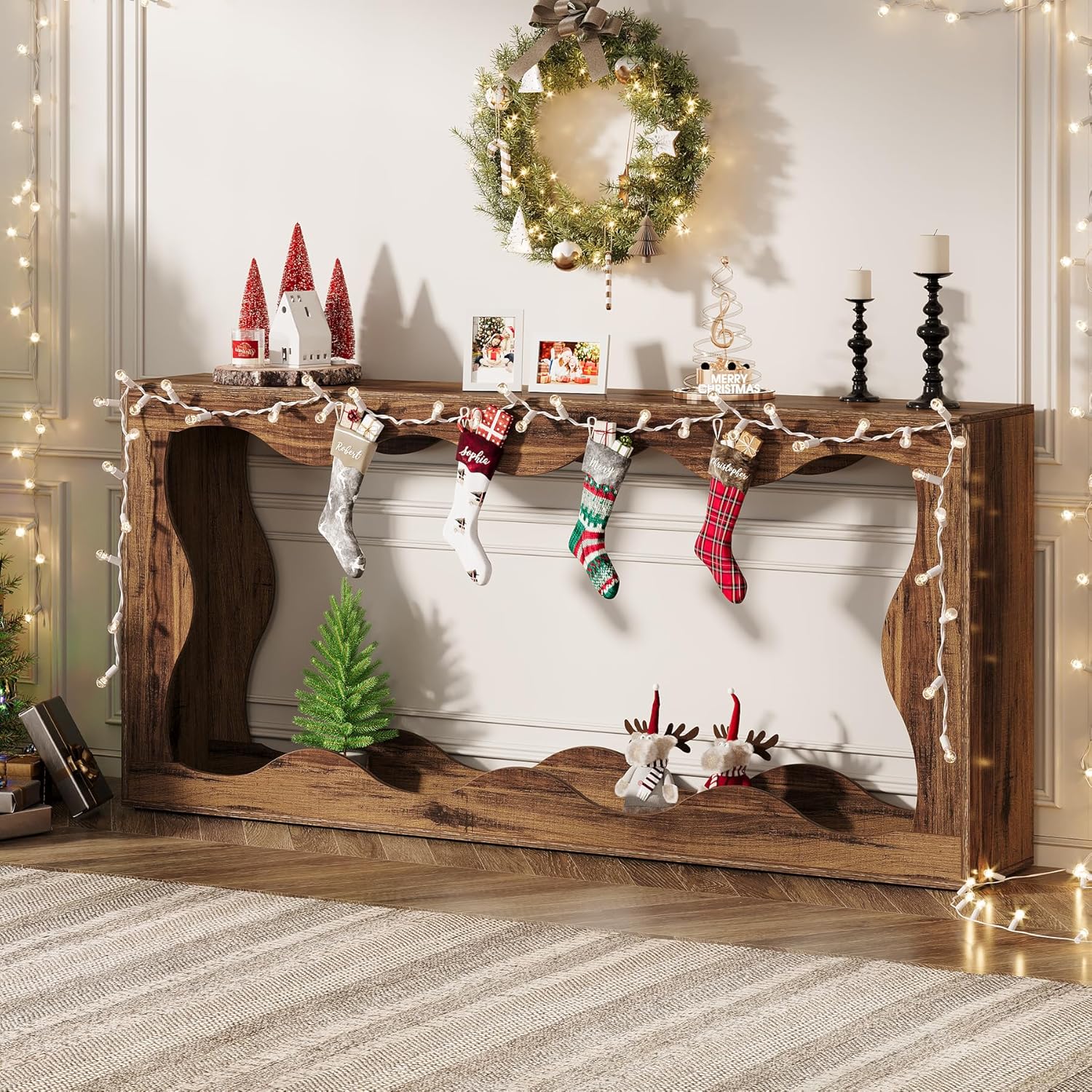 63" Rustic Farmhouse Console Table - Scalloped Sofa Table with Storage for Hallway & Living Room