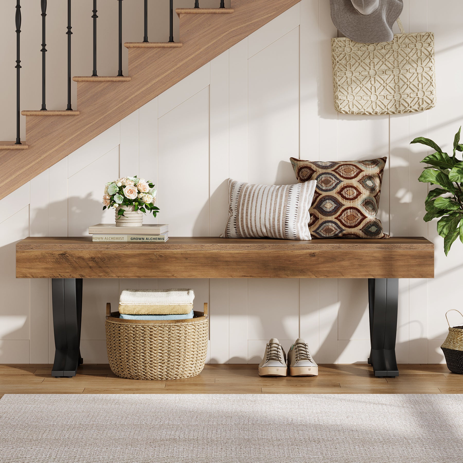 Tribesigns 55" Shoe Bench, Industrial Bench with Metal X-Legs for Hallway