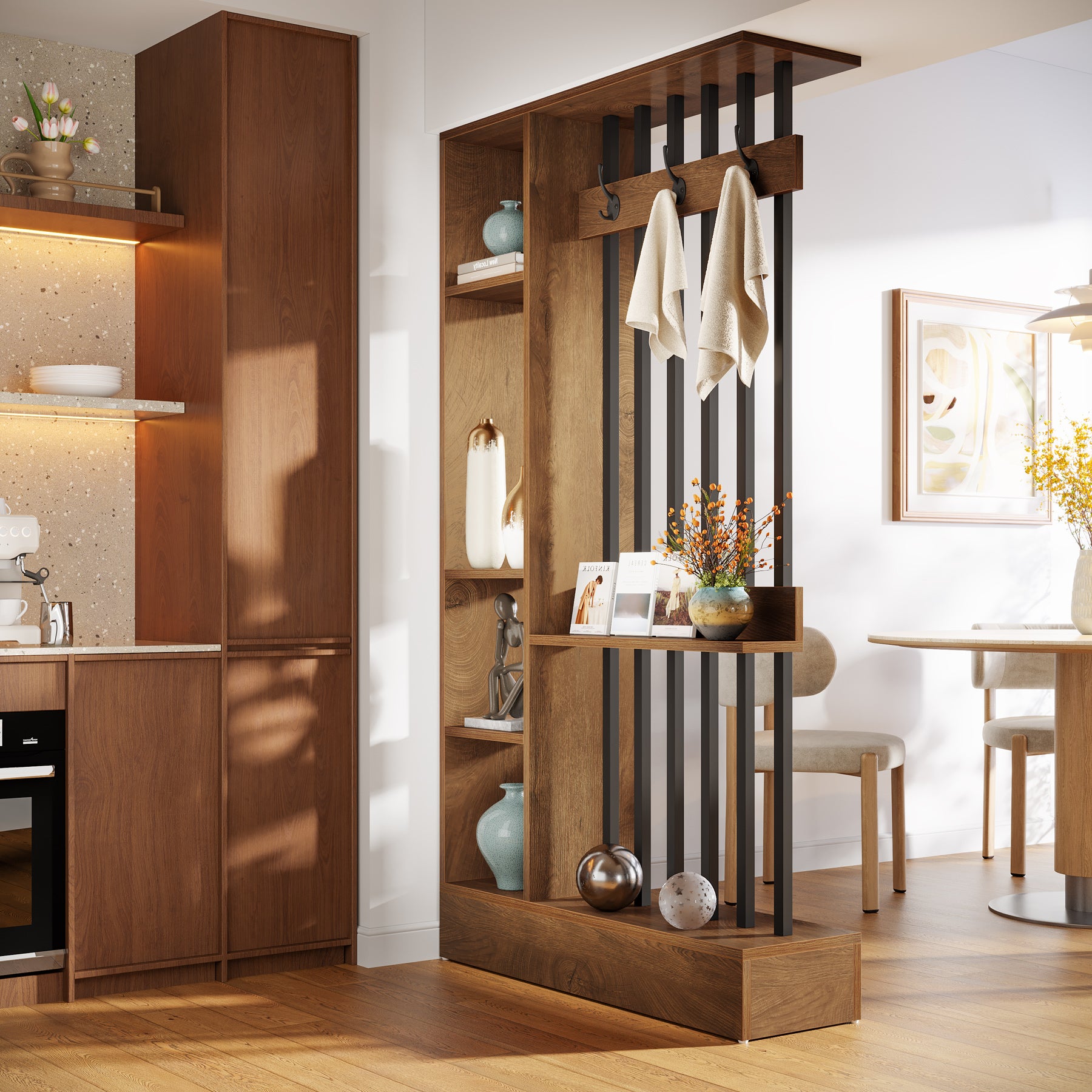 70.9 Inch Room Divider, Freestanding Bookshelf Partition with Shelves and Coat Hooks