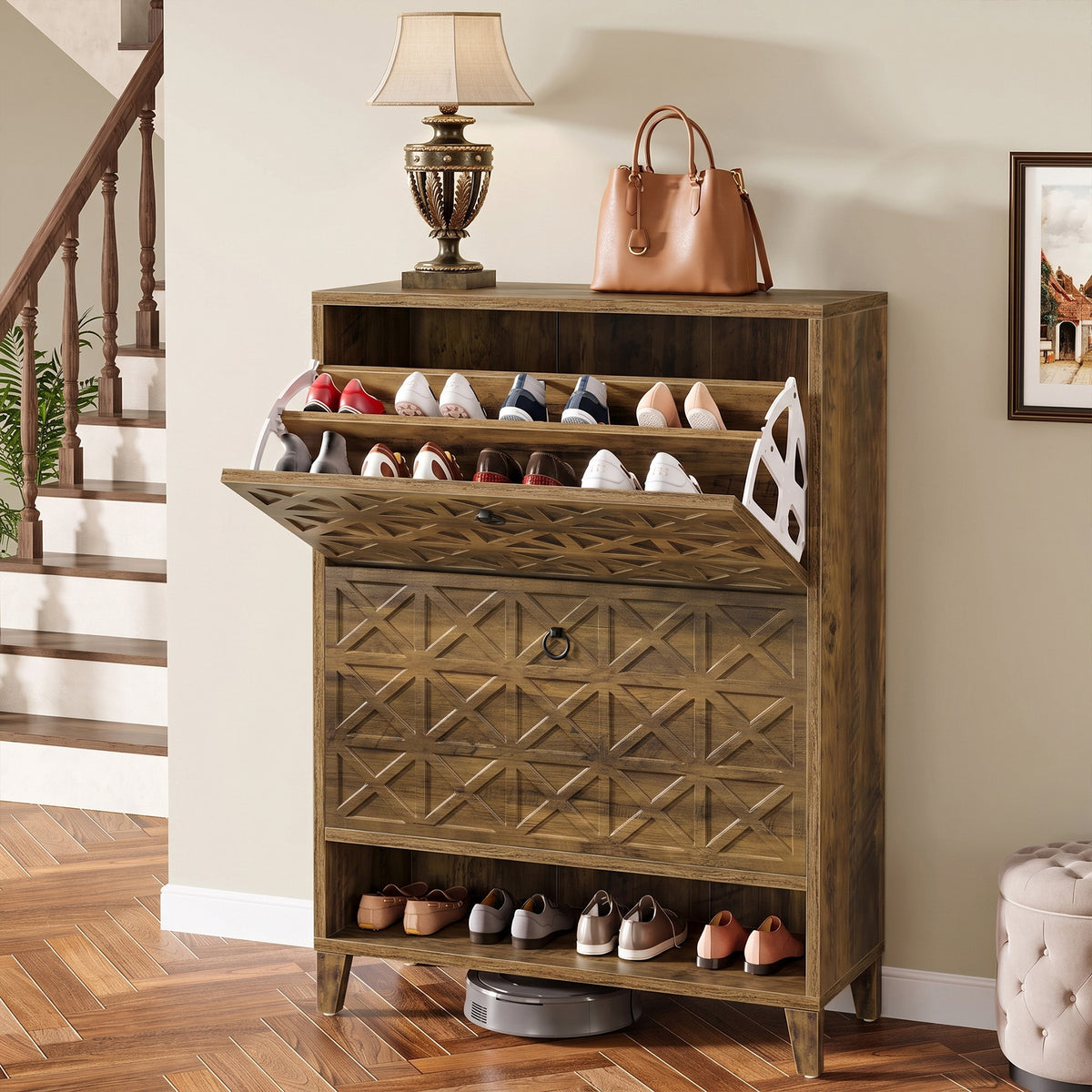 Tribesigns 43.3 Inch Shoe Cabinet with 2 Flip Drawers and Open Shelf, Entryway Shoe Storage for Hallway