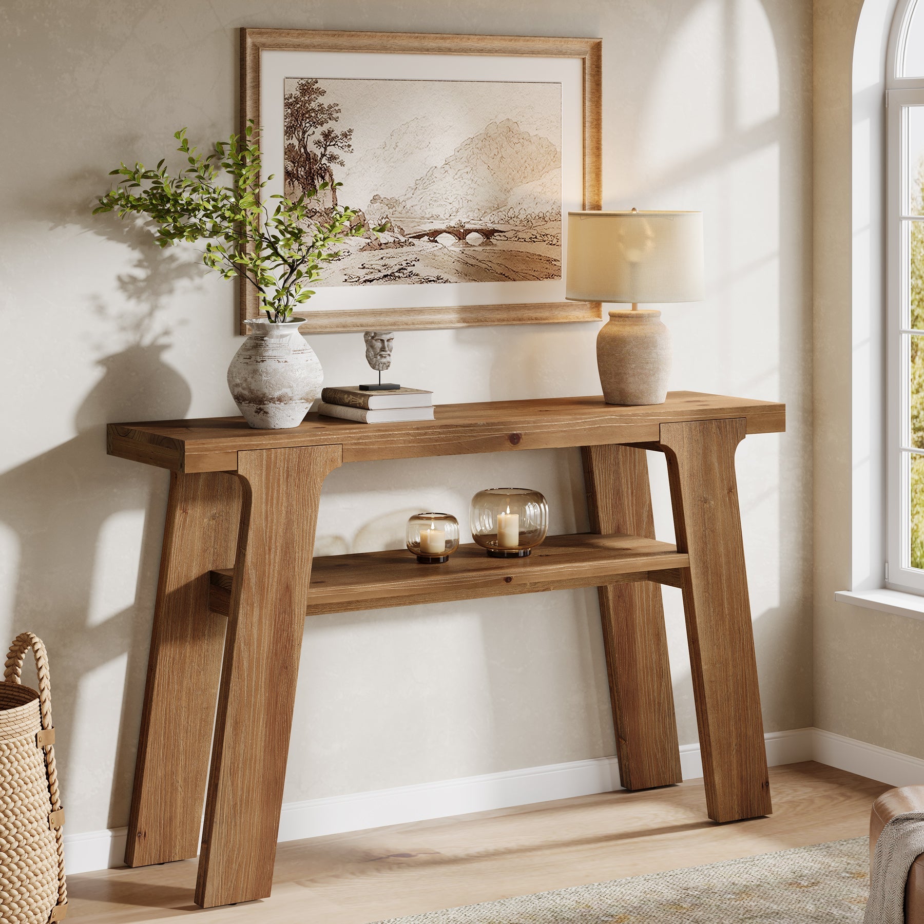 47-Inch Solid Wood Console Table with 2-Tier Storage, Farmhouse Entryway Table