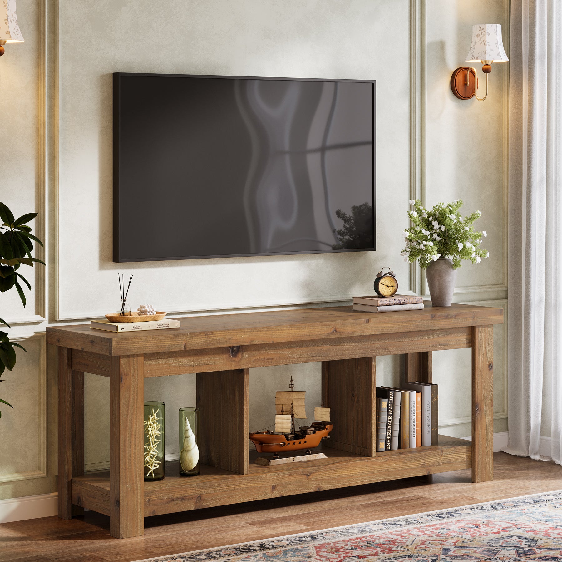 Tribesigns 63-Inch Solid Wood TV Stand with 3 Open Storage Shelves, Farmhouse Entertainment Center for TVs up to 75 Inches
