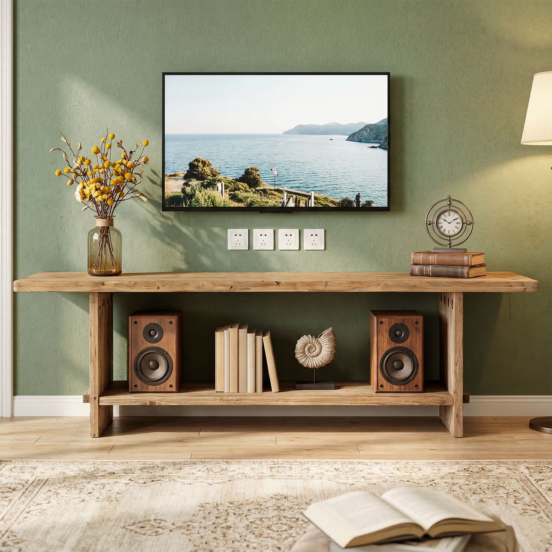 Tribesigns 71 Inch Solid Wood TV Stand with 2-Tier Storage, Media Console for 55 to 85 Inch TVs