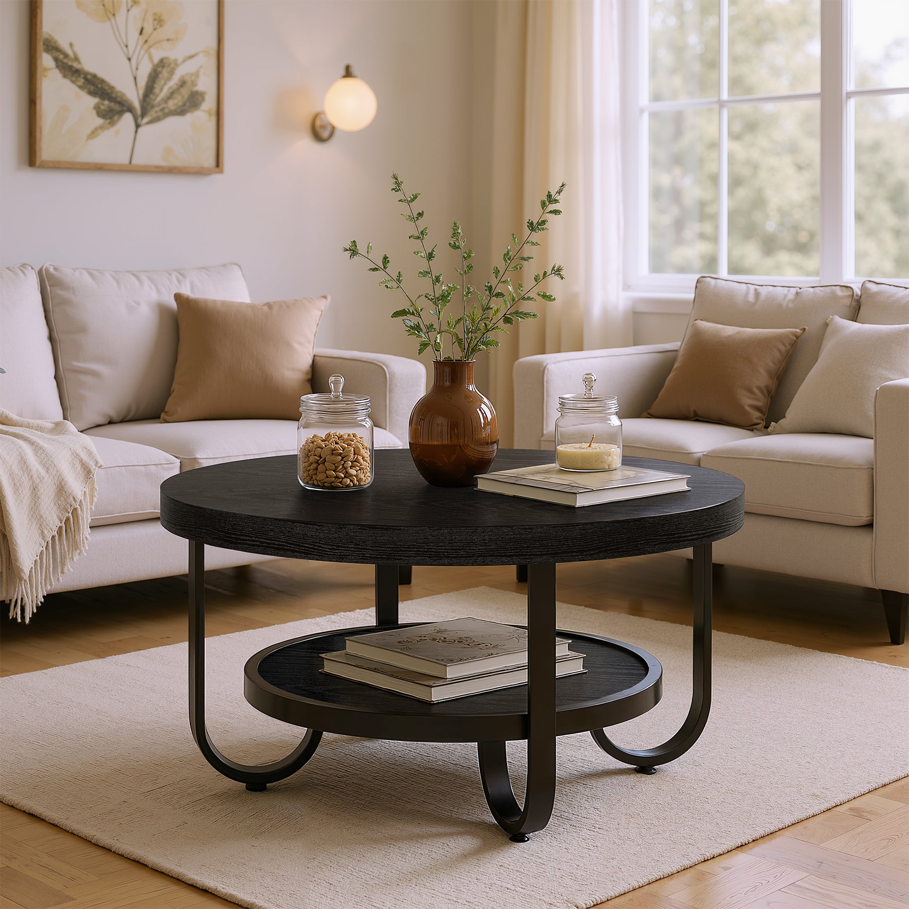 2-Tier Round Coffee Table with Storage, 31.5-Inch Center Cocktail Table