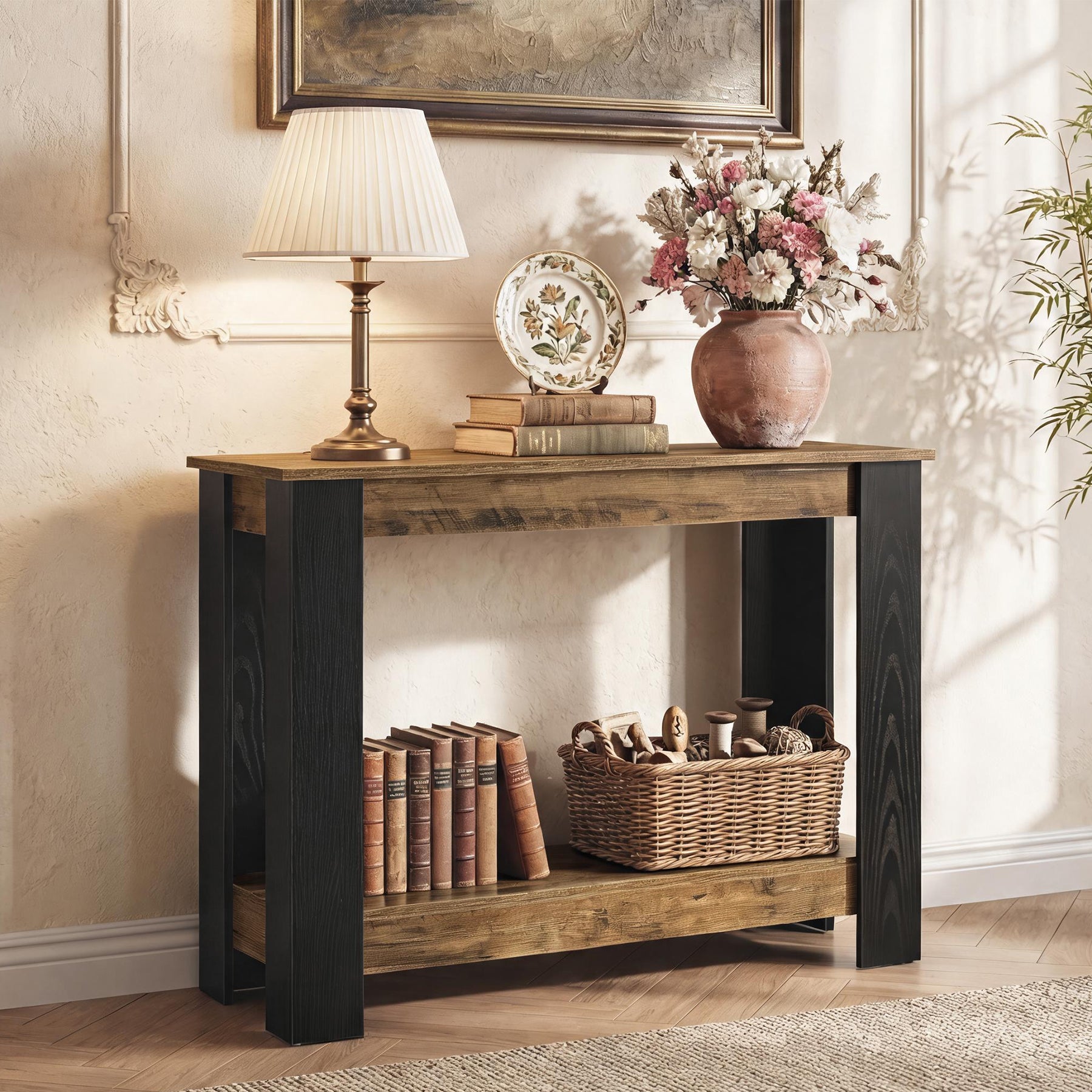 41-Inch Narrow Console Table with 2-Tier Open Storage, Modern Farmhouse Sofa Table for Entryway