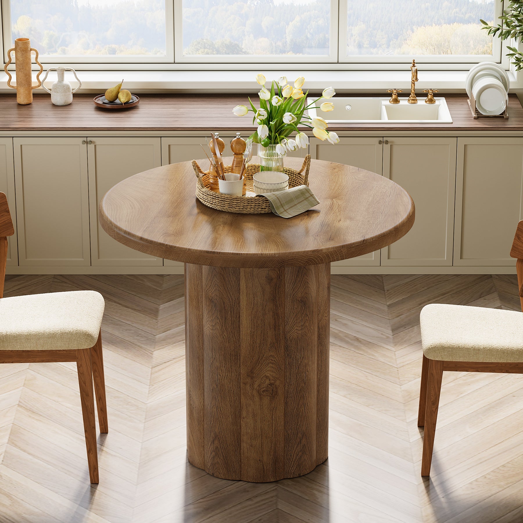 31.5" Round Dining Table - Rustic Brown Kitchen Table for Small Spaces with Sturdy Base
