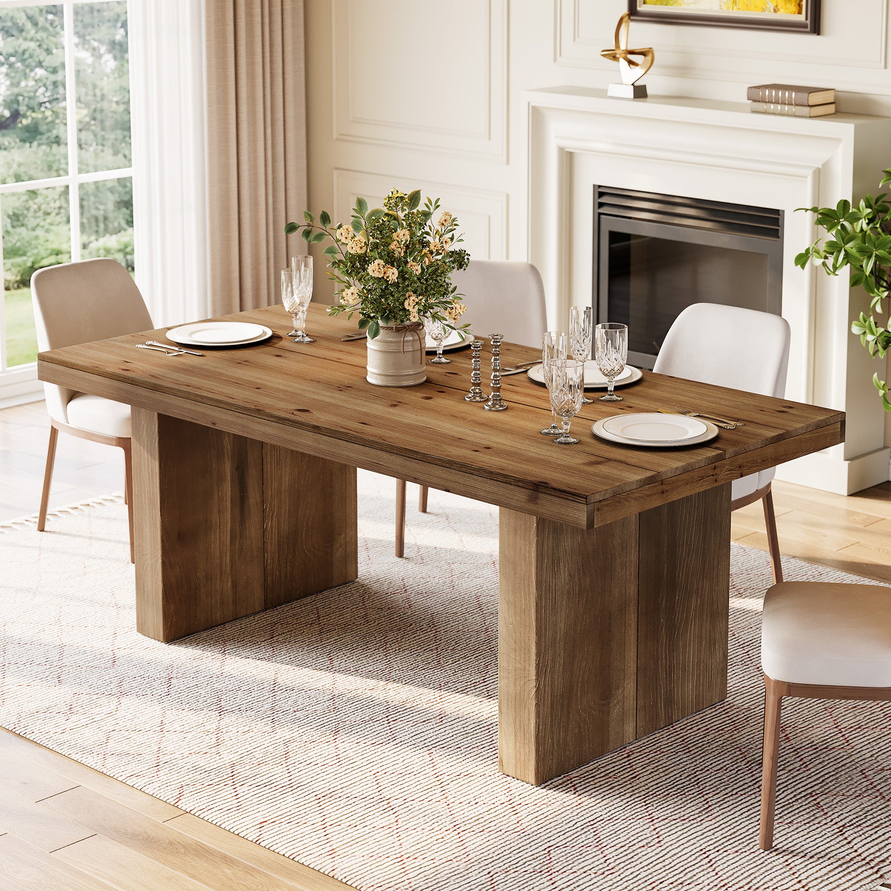 Tribesigns 63-Inch Solid Wood Dining Table for 4-6 People, Farmhouse Rectangle Kitchen Table with Heavy-Duty Wooden Legs for Dining Room