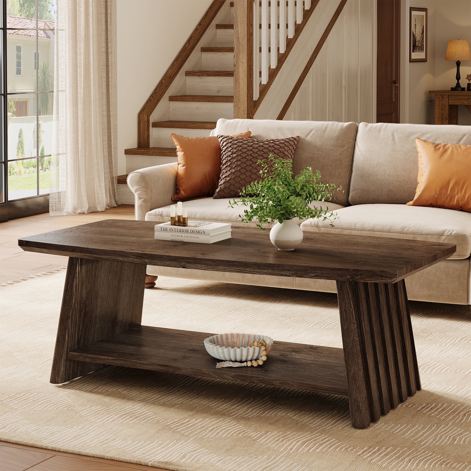 47-Inch Farmhouse Fluted Coffee Table, 2-Tier Storage Table in Dark Brown
