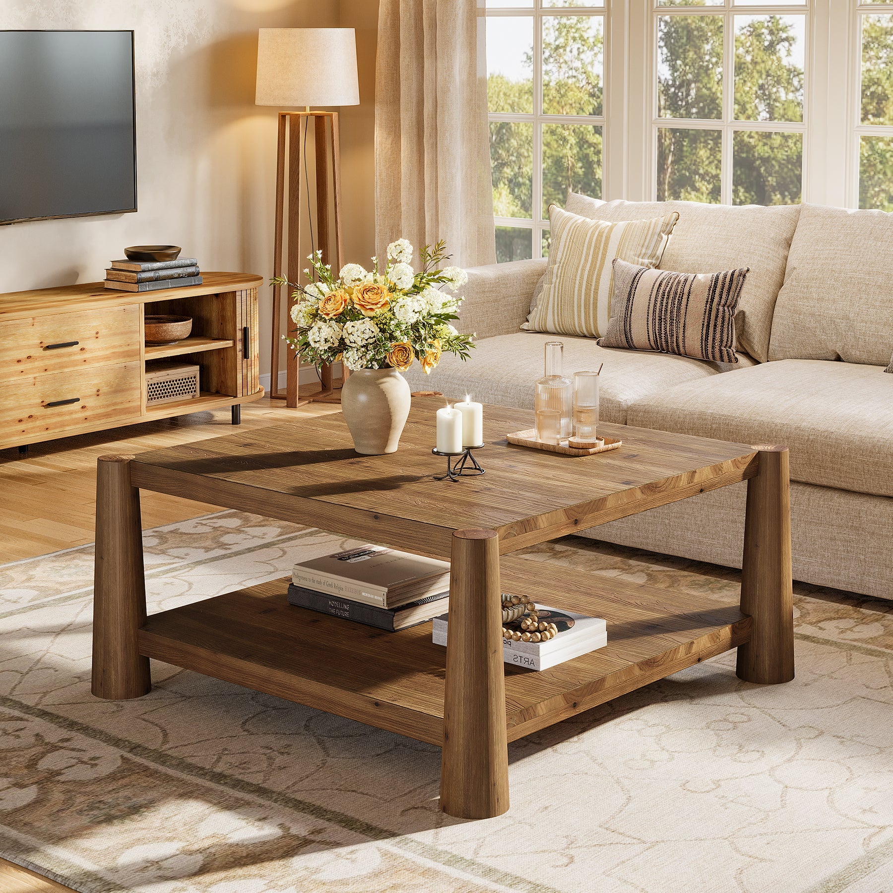 34" Square Solid Wood 2-Tier Coffee Table, Farmhouse Storage Brown