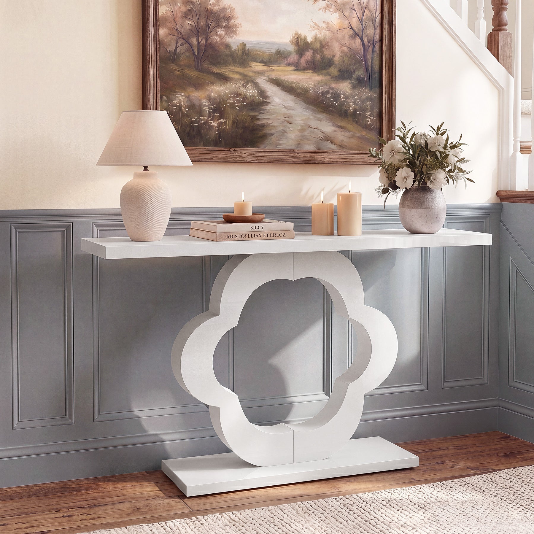 39.4-Inch White High-Gloss Console Table with Flower Cutout Base, Narrow Entryway Table for Living Room and Hallway