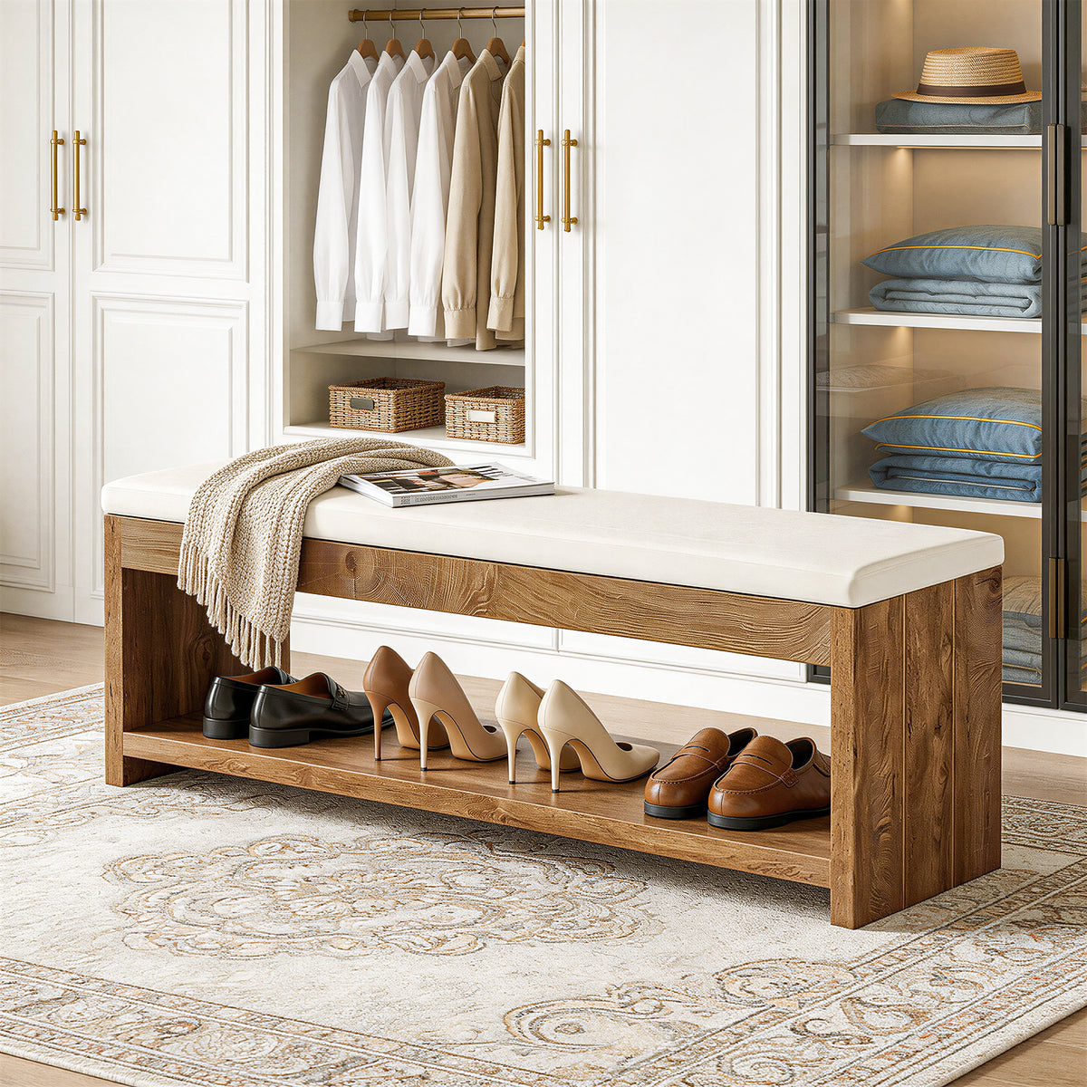 Tribesigns 55.1" Entryway Bench with Cushion and Shoe Storage, Upholstered Shoe Bench for Hallway