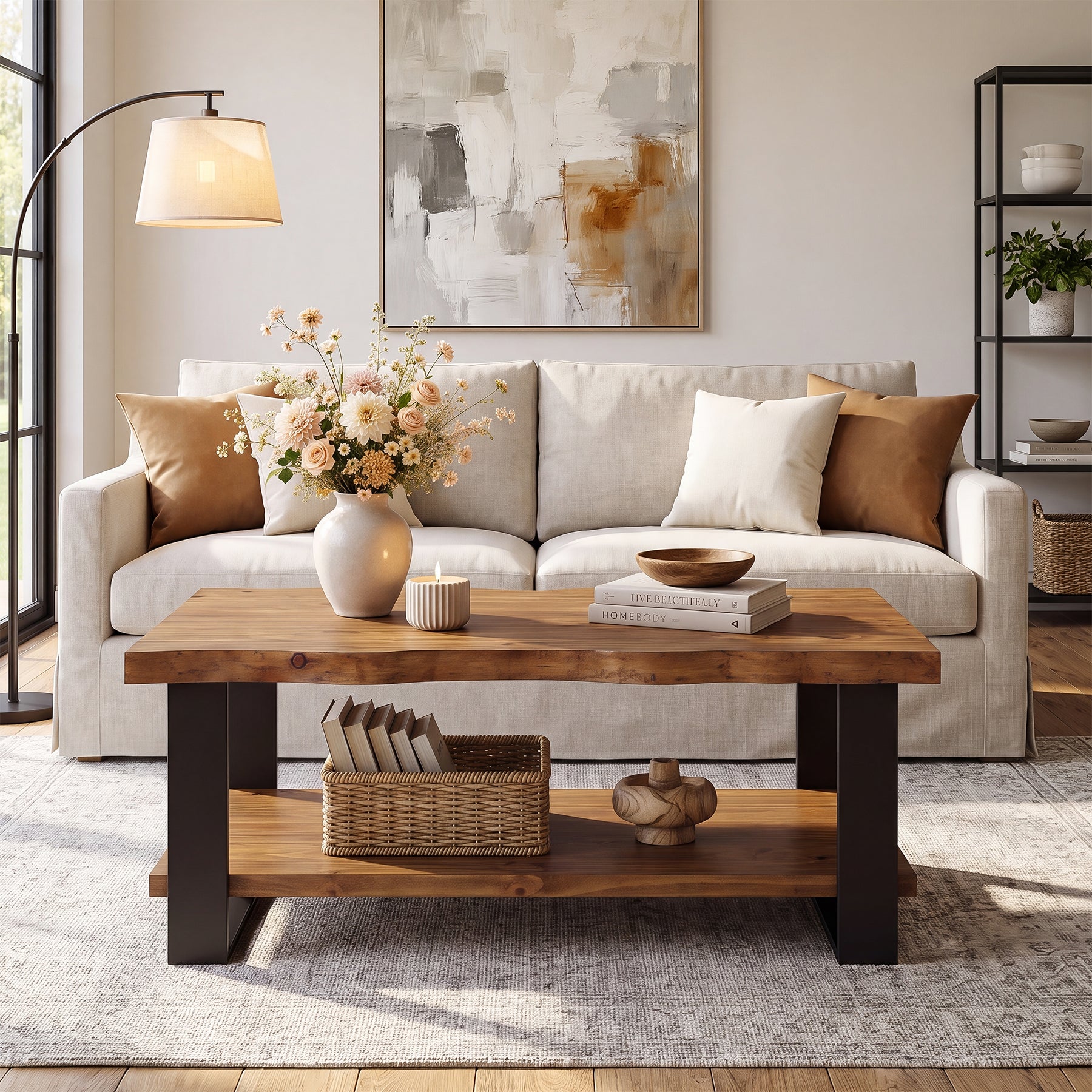 Tribesigns 47-Inch Solid Wood Coffee Table with Live Edge Top, 2-Tier Storage Table for Living Room