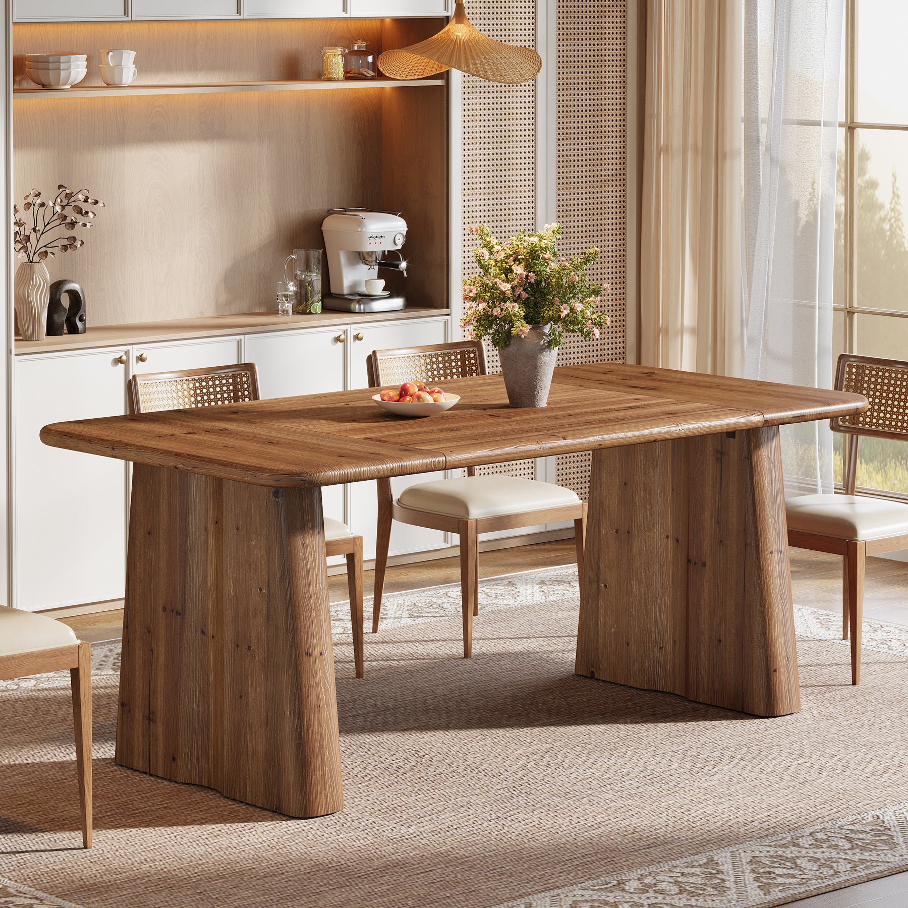 Tribesigns 63-Inch Solid Wood Dining Table with Double Pedestal Base, Rustic Table for Dining Room