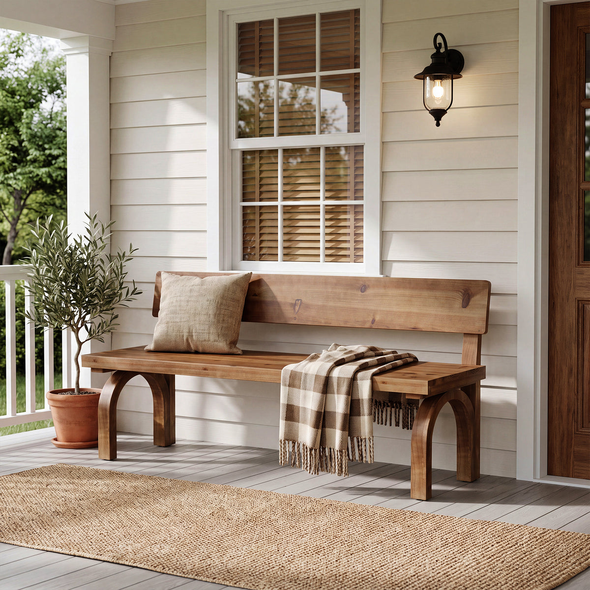 63 Inch Solid Wood Entryway Bench with Backrest, Farmhouse Indoor Bench for Hallway and Bedroom