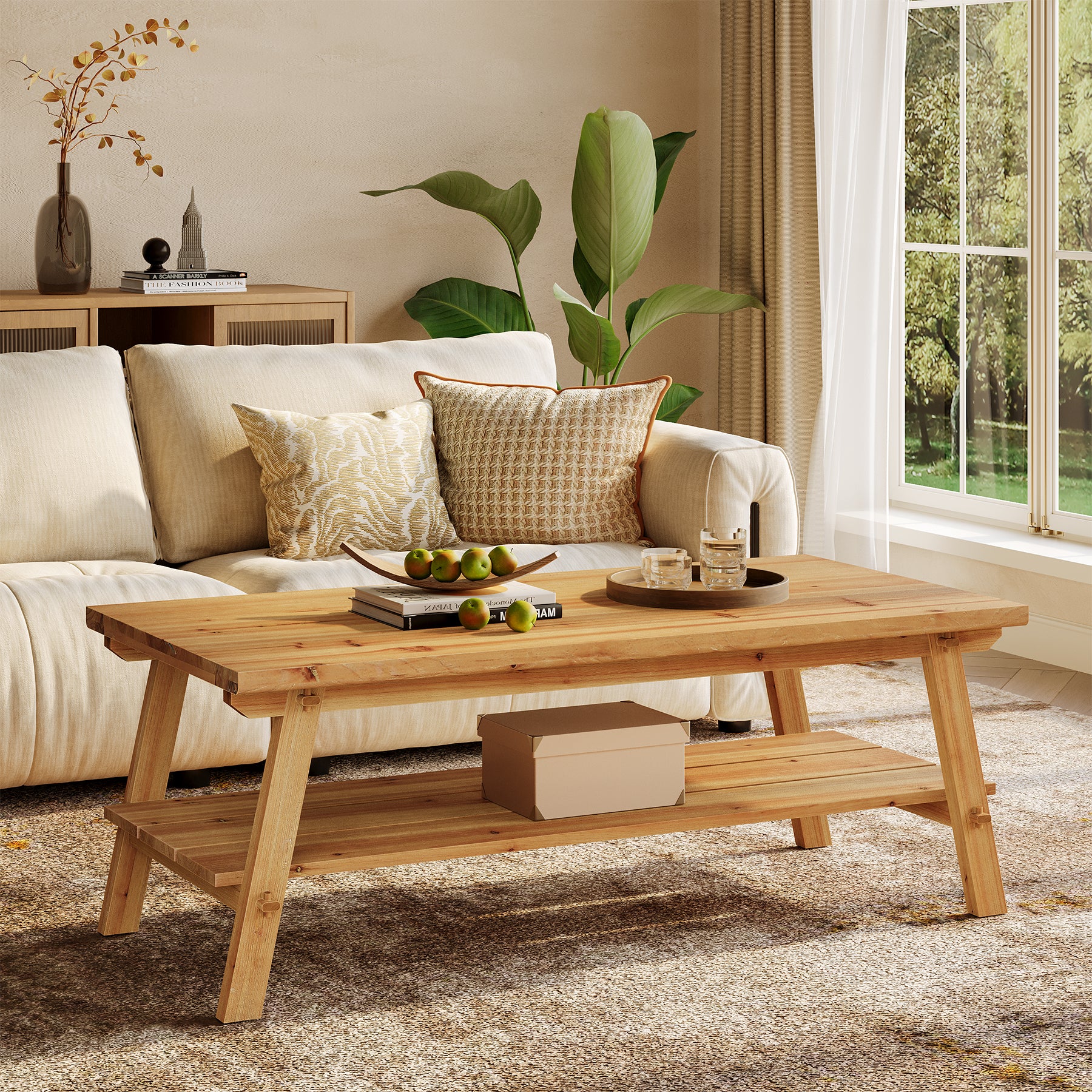 Farmhouse Rectangular Coffee Table, 47-Inch Solid Wood with Two Storage Shelves