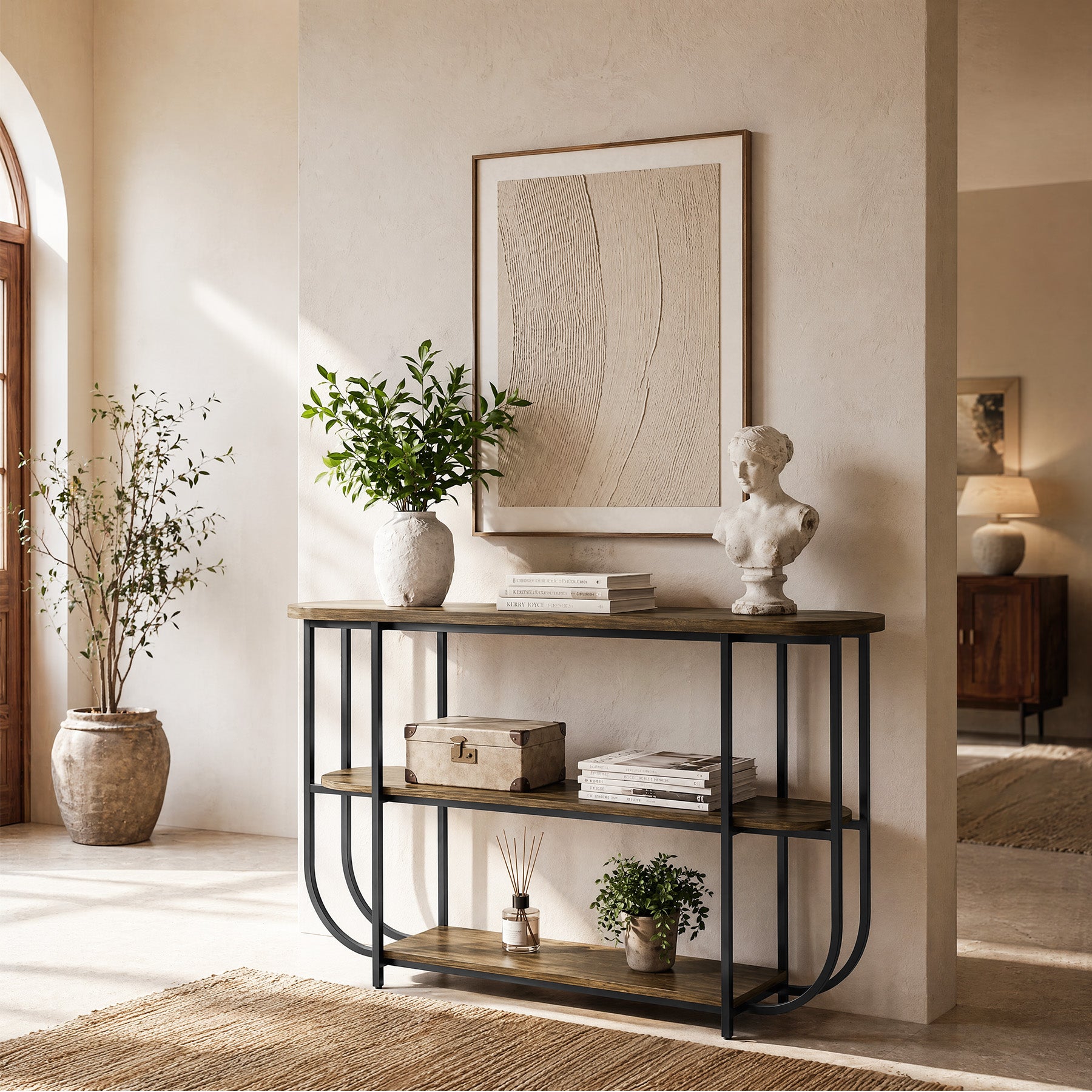 Tribesigns 63-Inch 3-Tier Narrow Console Table with Curved Metal Frame, Modern Vintage Entryway Sofa Table for Living Room