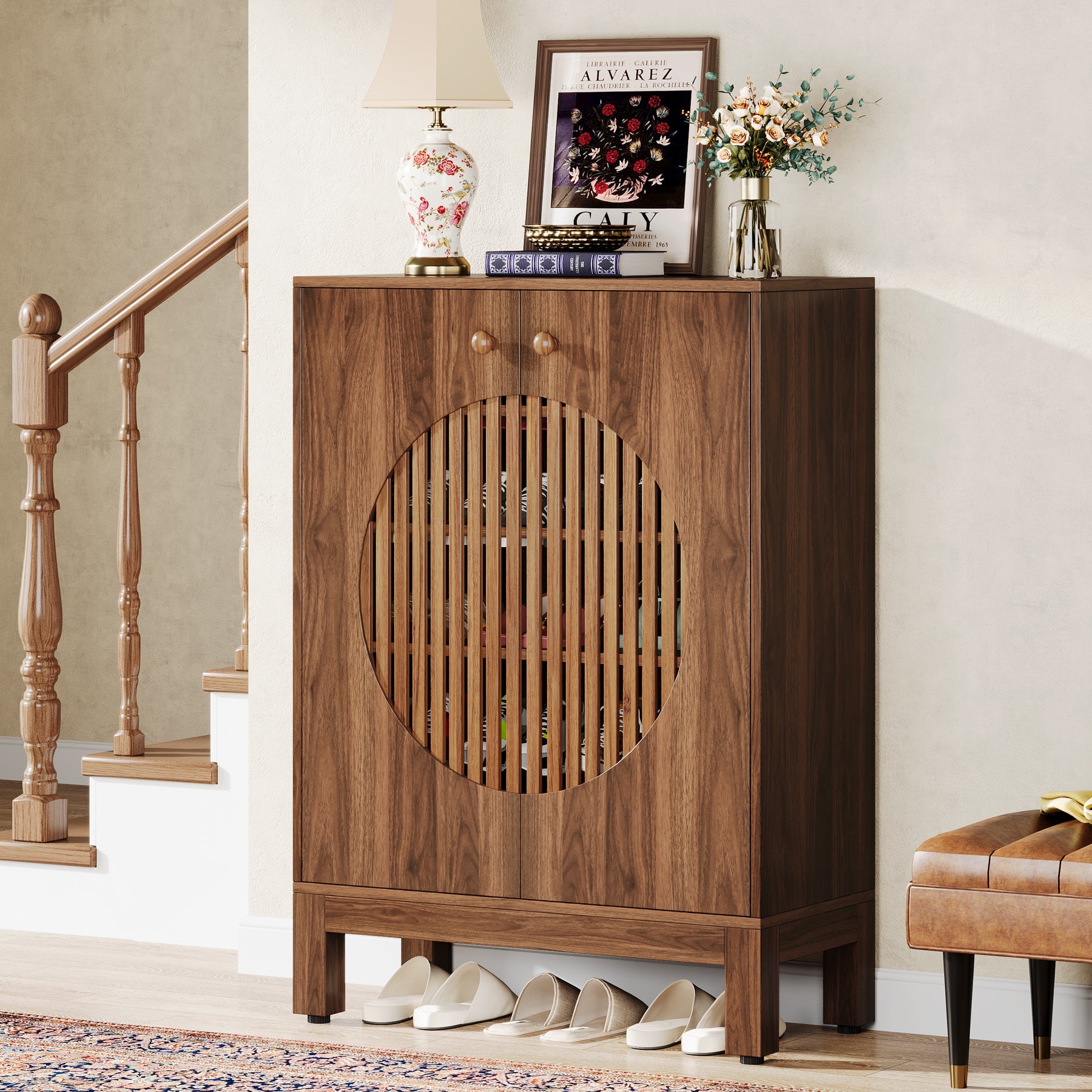 Tribesigns 5-Tier Shoe Cabinet, 20-Pair Farmhouse Shoe Storage Organizer with Round Louvered Doors for Entryway