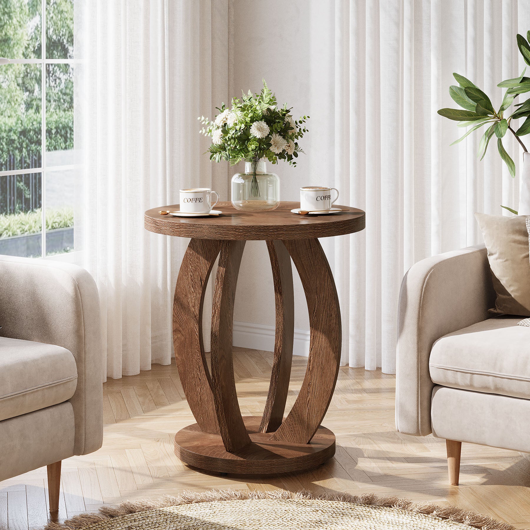 24" Round Farmhouse Nightstand - Bedside Table with Storage, Wood Base, Brown