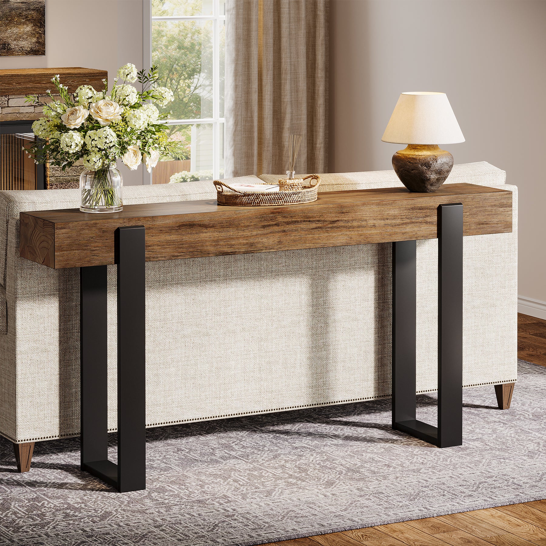 Tribesigns 63-Inch Solid Wood Sofa Table with Metal Support, Narrow Console Table for Behind Couch