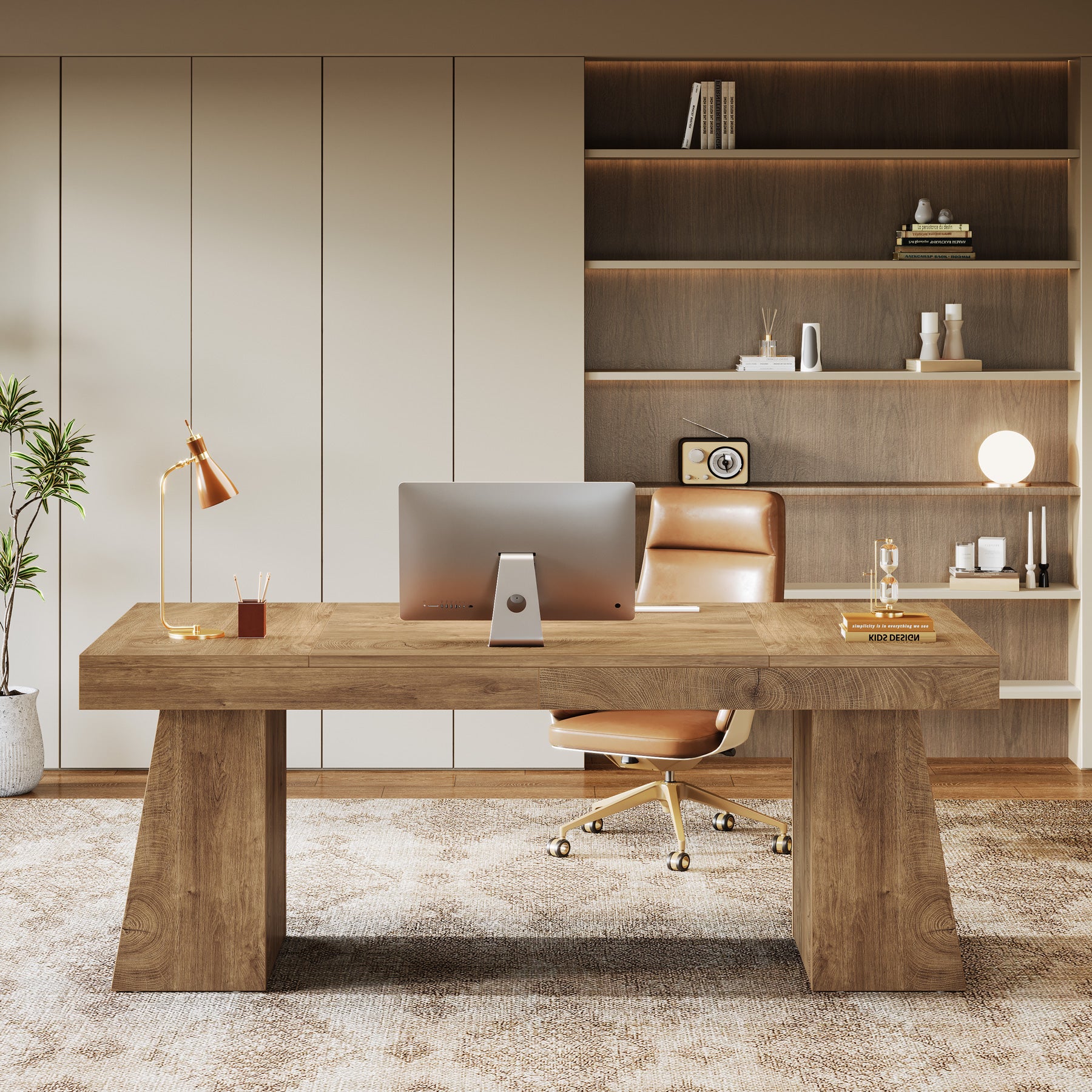 55-Inch Executive Desk, Large Wood Office Computer Desk with Double Pedestal