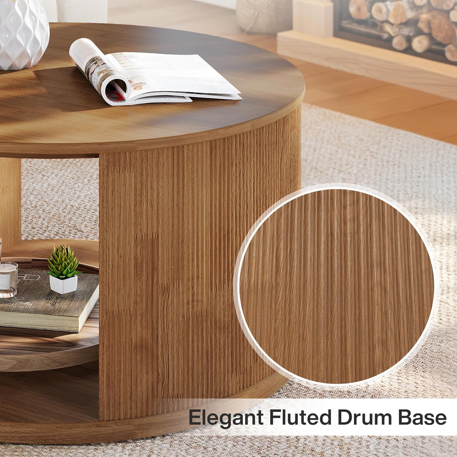 31.5" Round Mid-Century Coffee Table - Walnut Fluted Base with Storage for Small Spaces