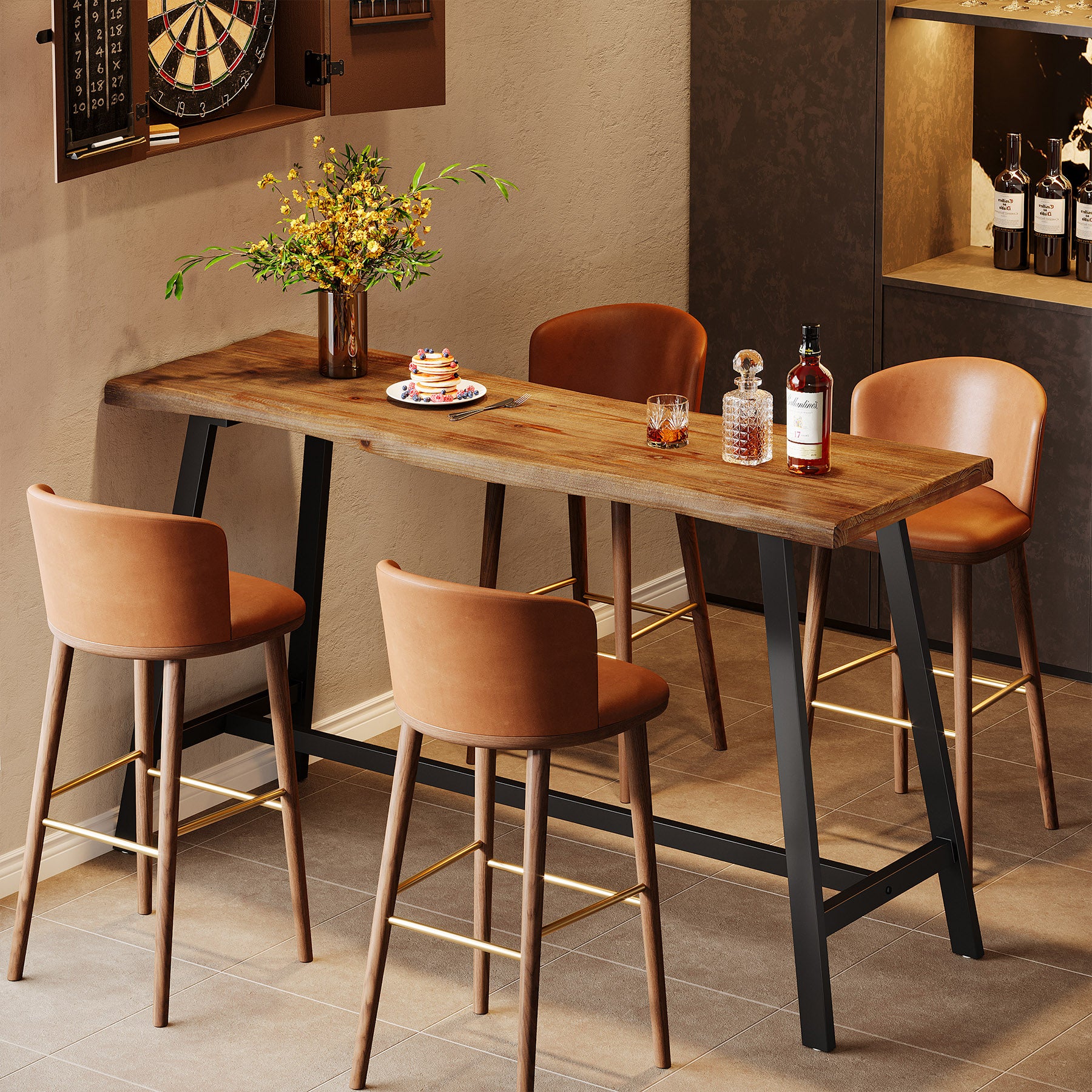 55 Inch Solid Wood Bar Table with Metal Frame and Footrest, Industrial Counter Height Pub Table for Kitchen