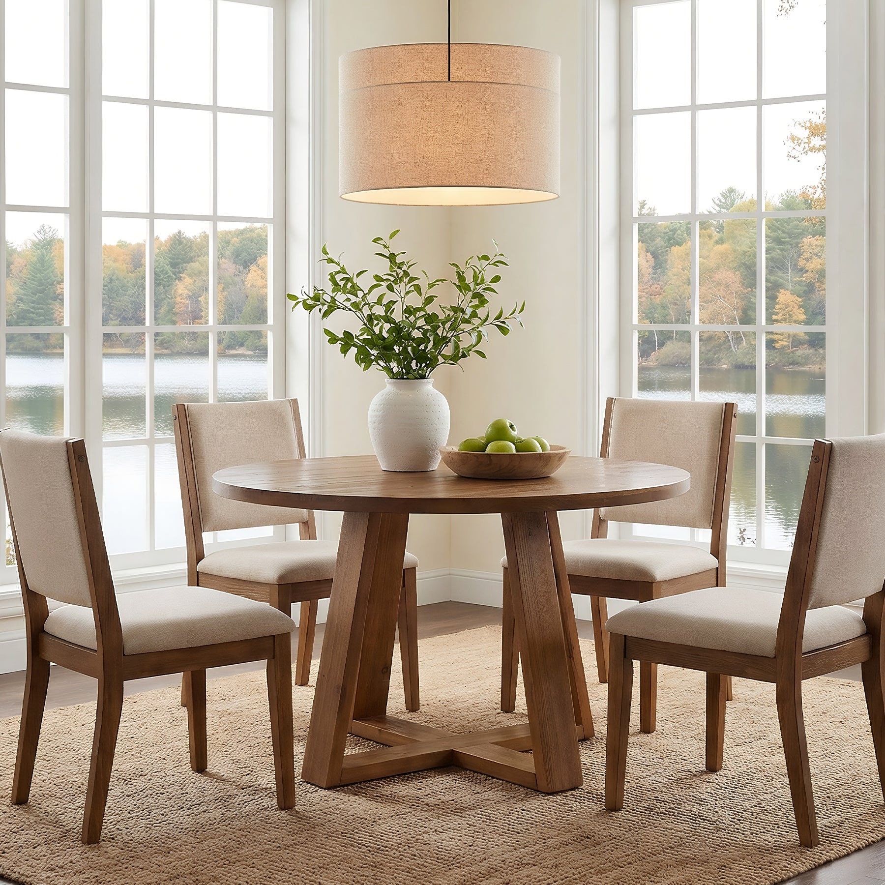 Tribesigns 47.2 Inch Solid Wood Round Dining Table for 4, Farmhouse Kitchen Table with Trestle Base