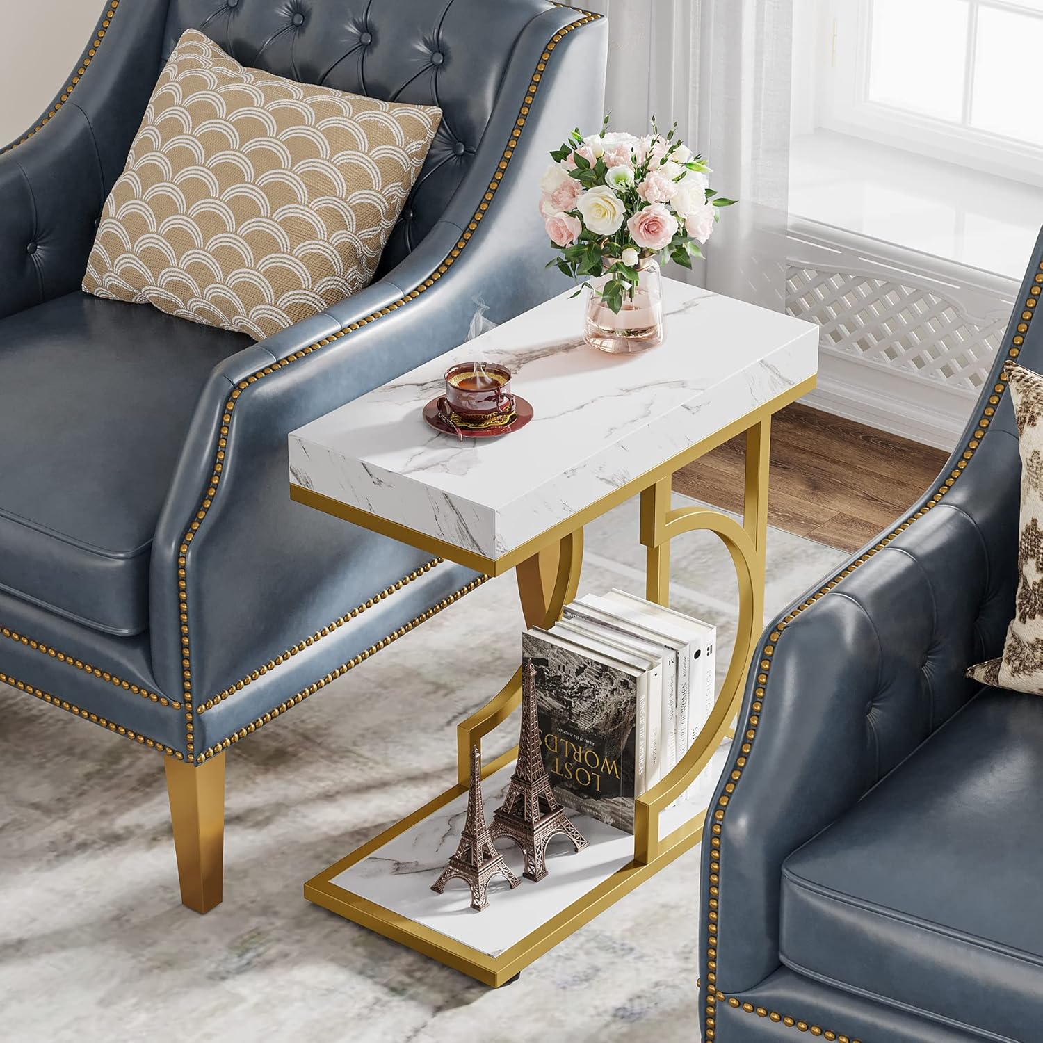 24" Modern C-Shaped Side Table - White & Gold Narrow End Table with Metal Frame