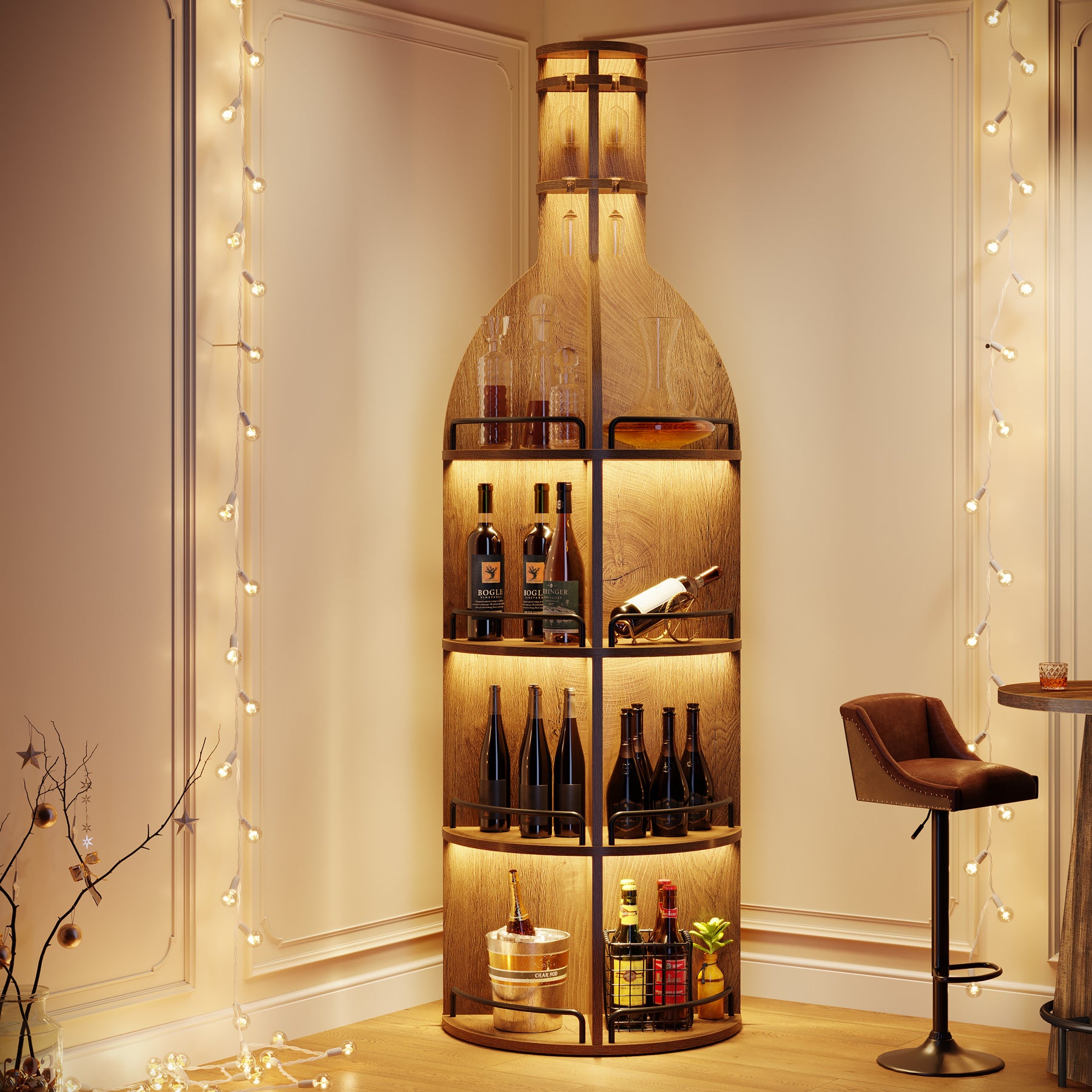 Tribesigns 74.8 Inch Tall Round Wine Rack with Storage Shelves and Glass Holder, Freestanding Wine Bar Cabinet for Home Bar