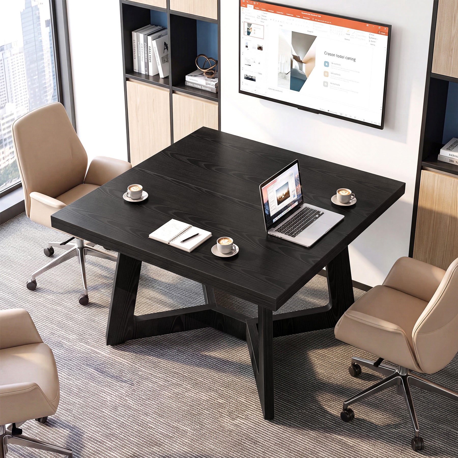 Tribesigns 39.37-Inch Square Conference Table for 2-4, Black Meeting Table with Stable Office Frame