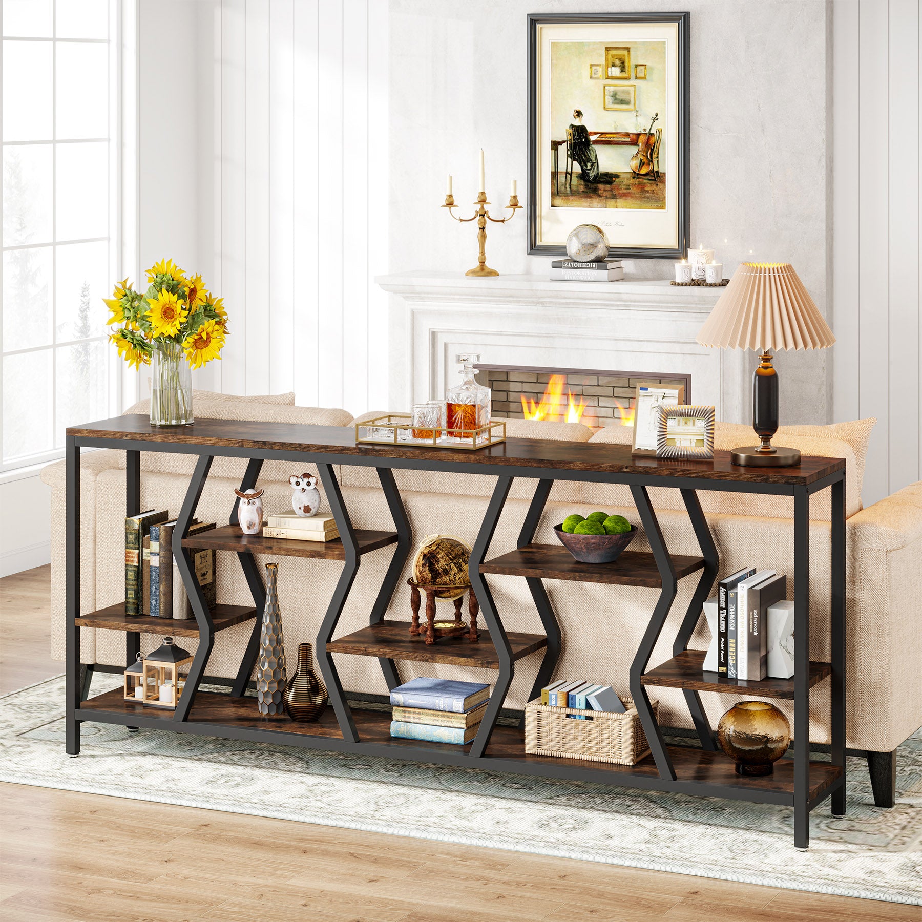 70.9-Inch Extra Long Sofa Console Table with 4-Tier Wood Storage Shelves, Industrial Narrow Entryway Table for Hallway